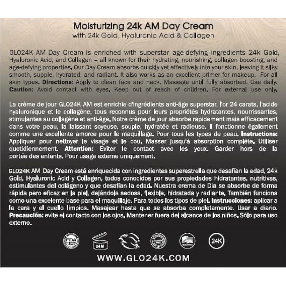 GLO24K Moisturizing Day Cream with 24k Gold, Anti-Aging with Vitamins, Hyaluronic Acid, Collagen
