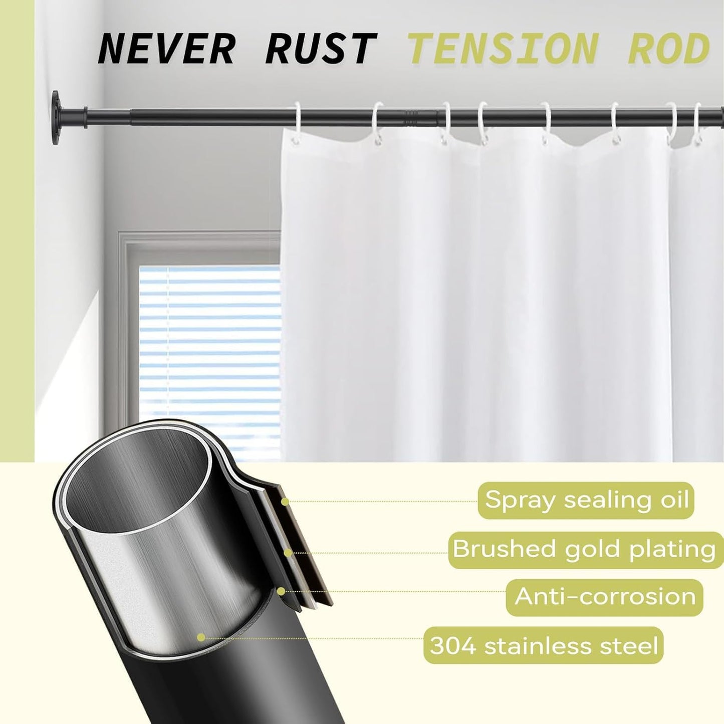 VIOREMOS Tension Curtain Rod 31 to112 In Extra Long Curtain Rod Adjustable Pole Heavy Duty Spring Matte Black Shower Curtain Rod for Bathroom Windows