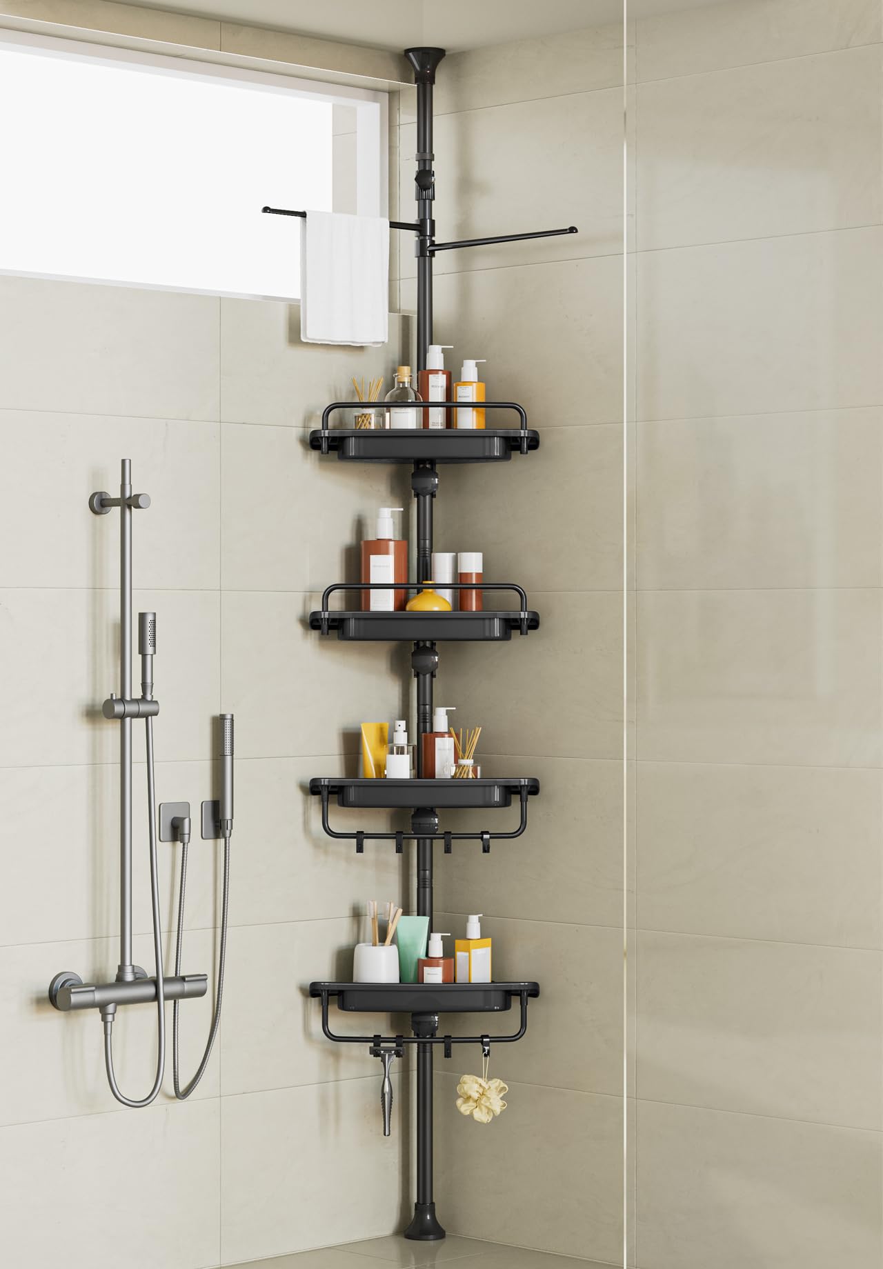 XLHOMO 32-122inch Corner Shower Caddy Tension Pole Black, Rustproof Drill-Free Shower Shelves for Bathroom Bathtub Washbasin, Adjustable Shower