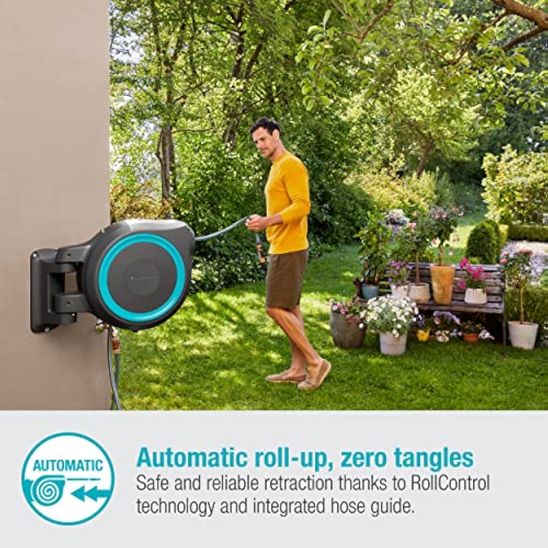 Gardena Wall-Mounted Hose Box Rollup XL (Turquoise) 35 m: Versatile Watering System for Large Gardens, Swivel Hose Box, Including 35 m Gardena Hose and mounting kit (18630-20)