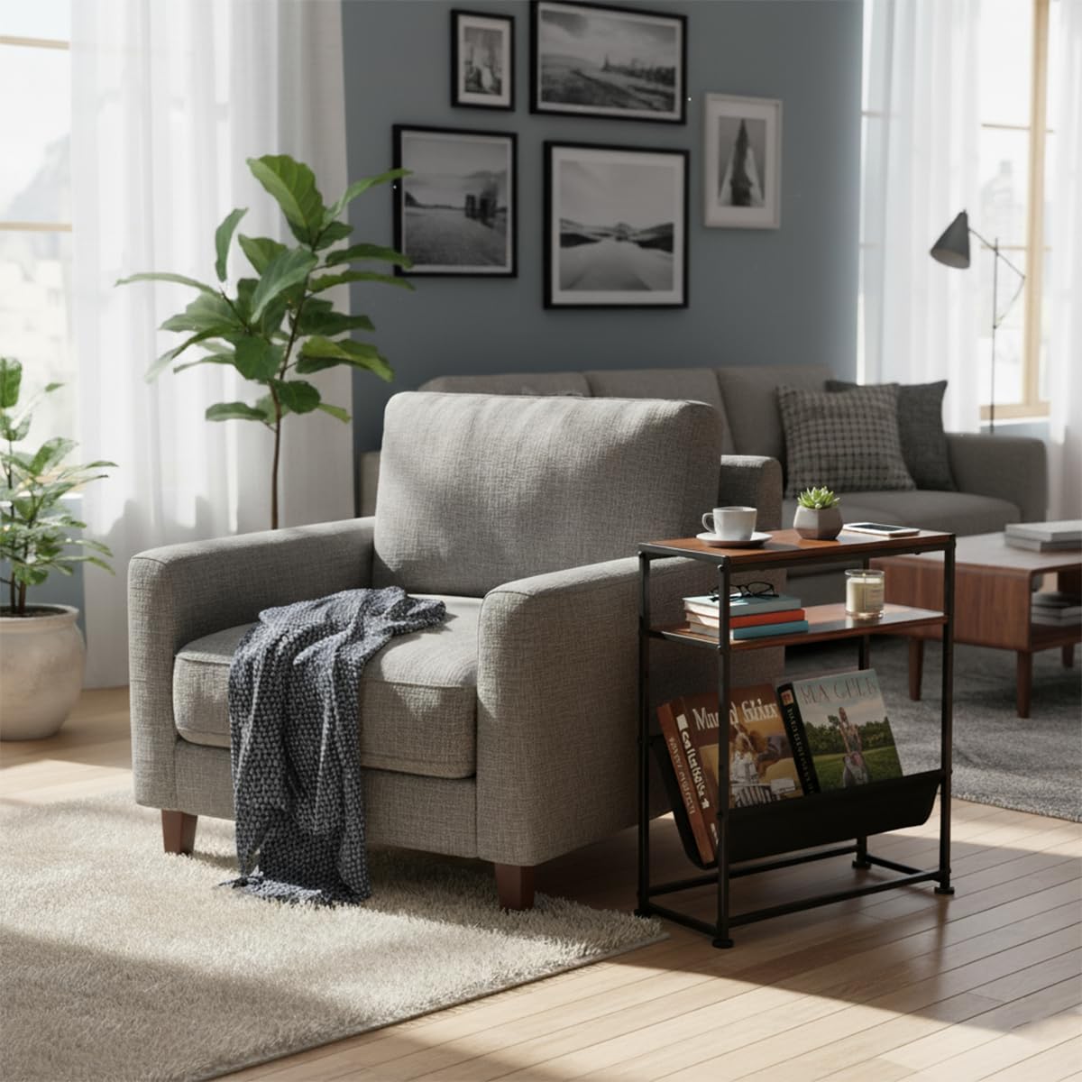ZEXVIDA Small End Table for Small Spaces - Slim Side Table with Magazine Holder,2 in 1 Design Narrow End Table Living Room,Skinny Bedroom Nightstand