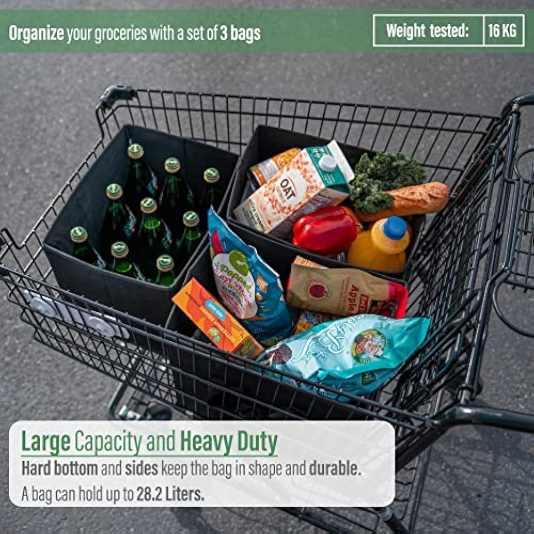 VENO 3 Pack Reusable Shopping Trolley Bags Set, Heavy Duty Collapsible Grocery Box Bag with Reinforced Bottom, Folding Tote Bag Storage Bins (Black - Set of 3)