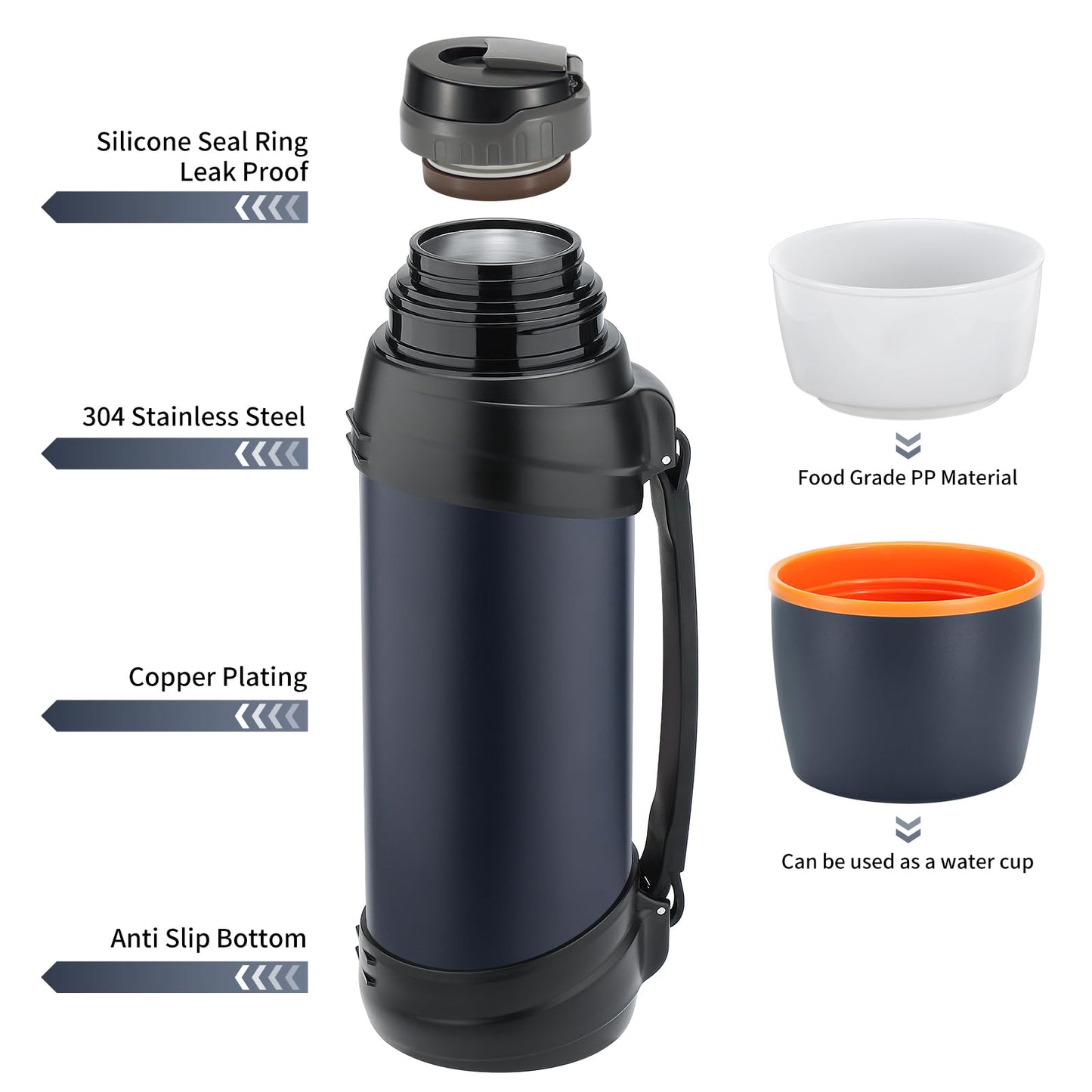 Olerd Large Flask - 2.5l Stainless Steel Insulated Bottle for Travel with BPA Free Cup - Oversized Vacuum Bottle