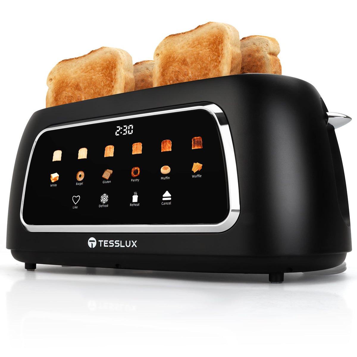 Tesslux 4 Slice Toaster with Touch Screen Control, 1.5" Wide Long Slots, 6 Browning Levels & 6 Bread Types, Digital Timer, Memory, Defrost, Reheat