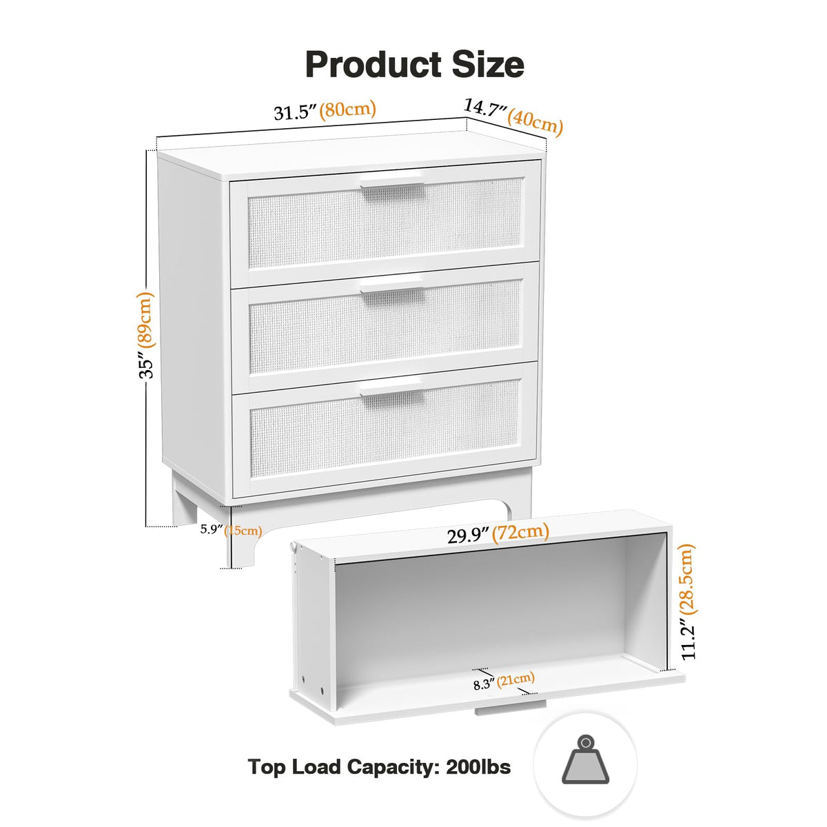 Skokliz White Chest of Drawers for Bedroom, Rattan 3 Drawer Storage Organiser Unit with Spacious Storage Cabinet, Nursery Furniture, Living Room