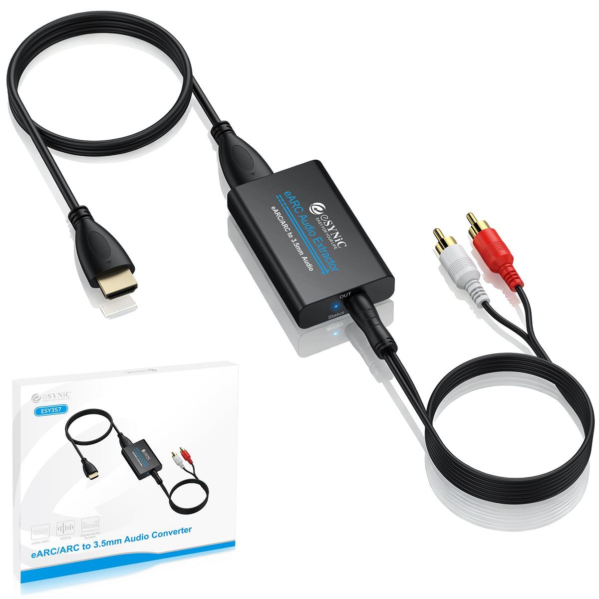 eSynic Professional 192khz eARC ARC Audio Extractor ARC HDMI to 3.5mm/RCA Audio Extractor Support CEC Function with HDMI/3.5 to RCA Cable for HDTV to