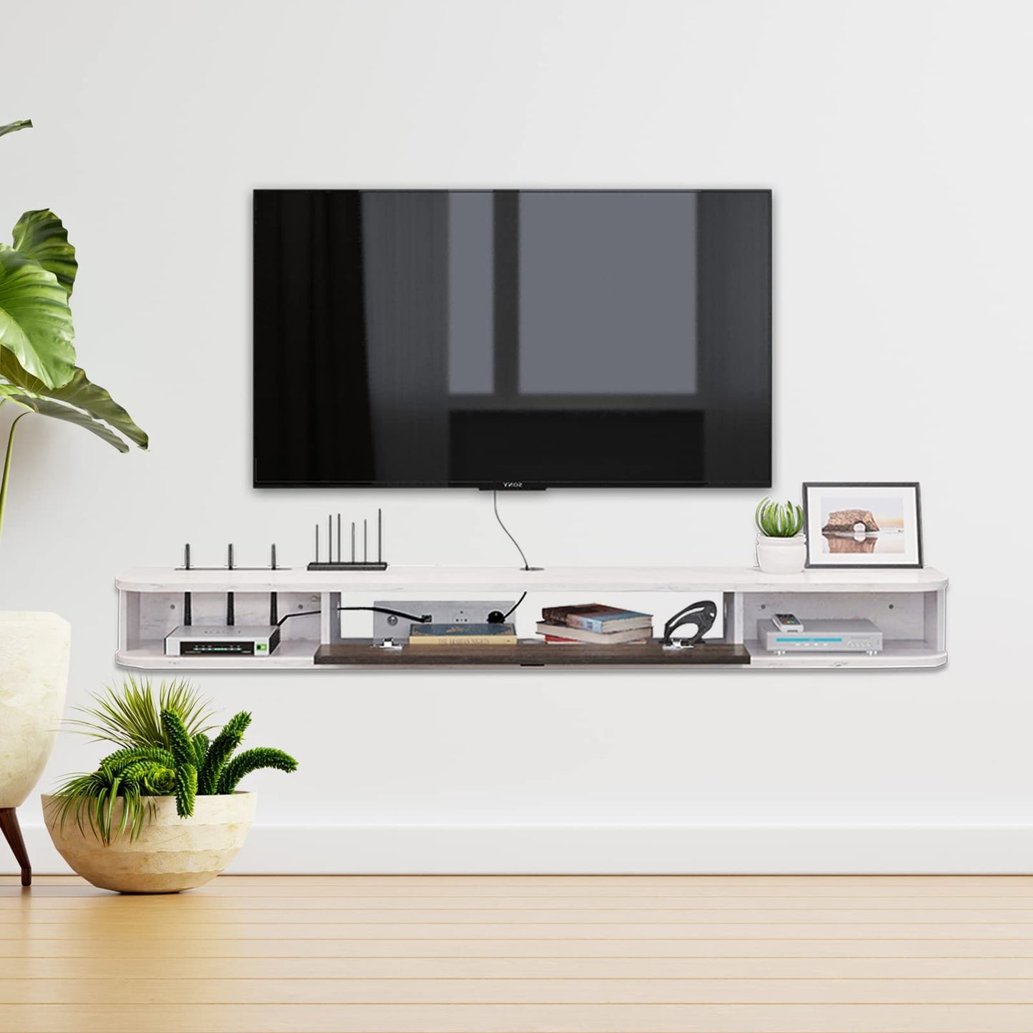 Pmnianhua Floating TV Unit, Wall Mounted TV Cabinet, Floating Shelves with Door, Modern Entertainment Media Console Center Large Storage TV Bench for
