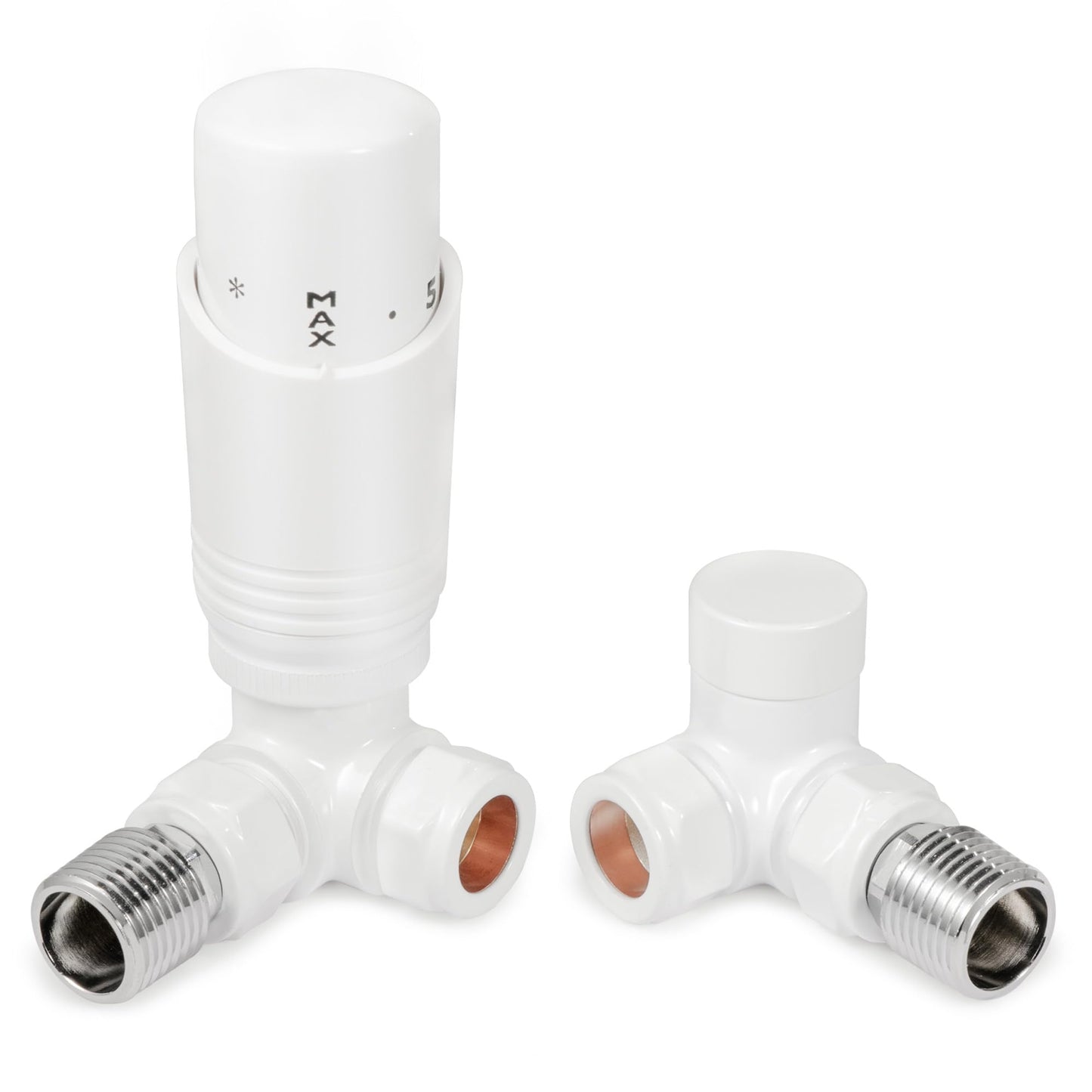 VANCOCO Glossy White Thermostatic Radiator Valves 15mm (TRV) with Lockshield, 1/2"?15mm Corner Radiator Thermostat Valve, H62 Brass, Energy Saving