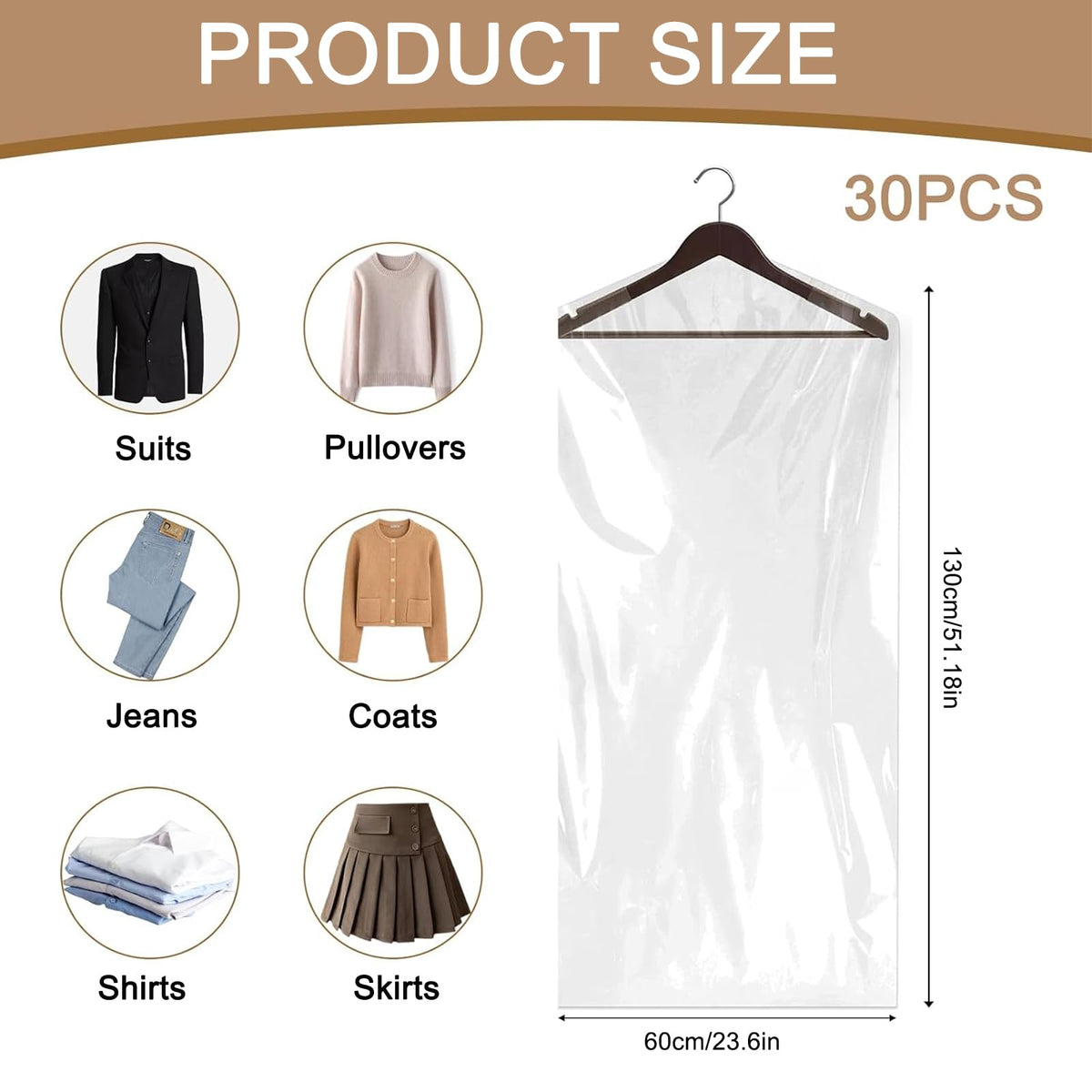 Plastic Garment Bags, 30 Pack Dry Cleaning Bags, Clear Clothes Covers, Dust Proof Garment Protector Covers, Garment Bags