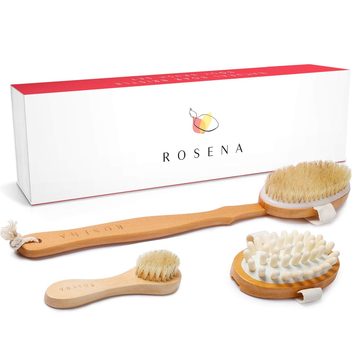 Dry Brushing Body Brush Set ? Natural Bristle Spa Exfoliator Kit with Face Cleansing Brush, Long Dry Brushing Body Brush for Lymphatic Drainage &