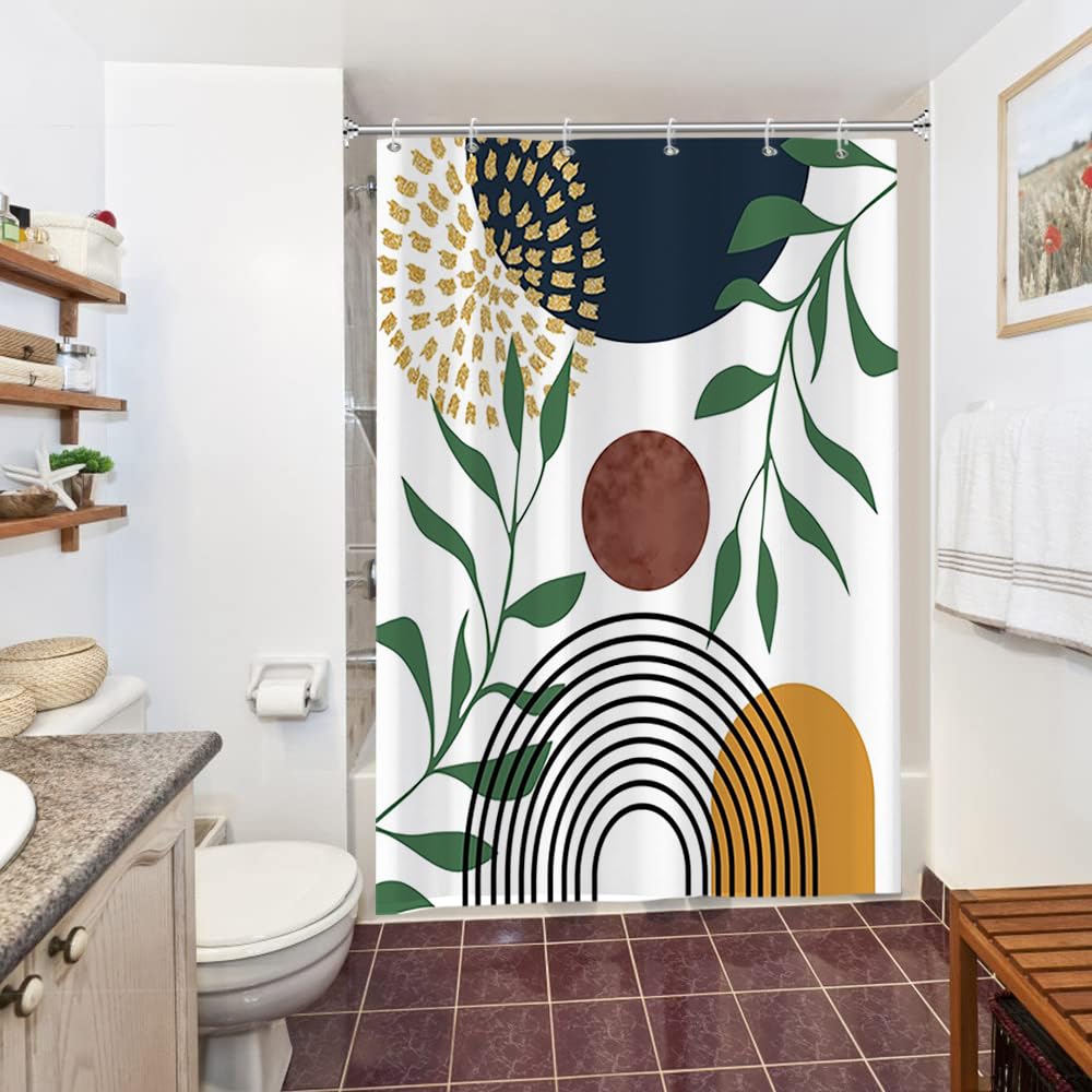 Uiiooazy Abstract Shower Curtain, Boho Mid Century Arch Black Lines Green Leaves Minimaliste Bath Curtain Anti Mildew Waterproof Polyester Fabric
