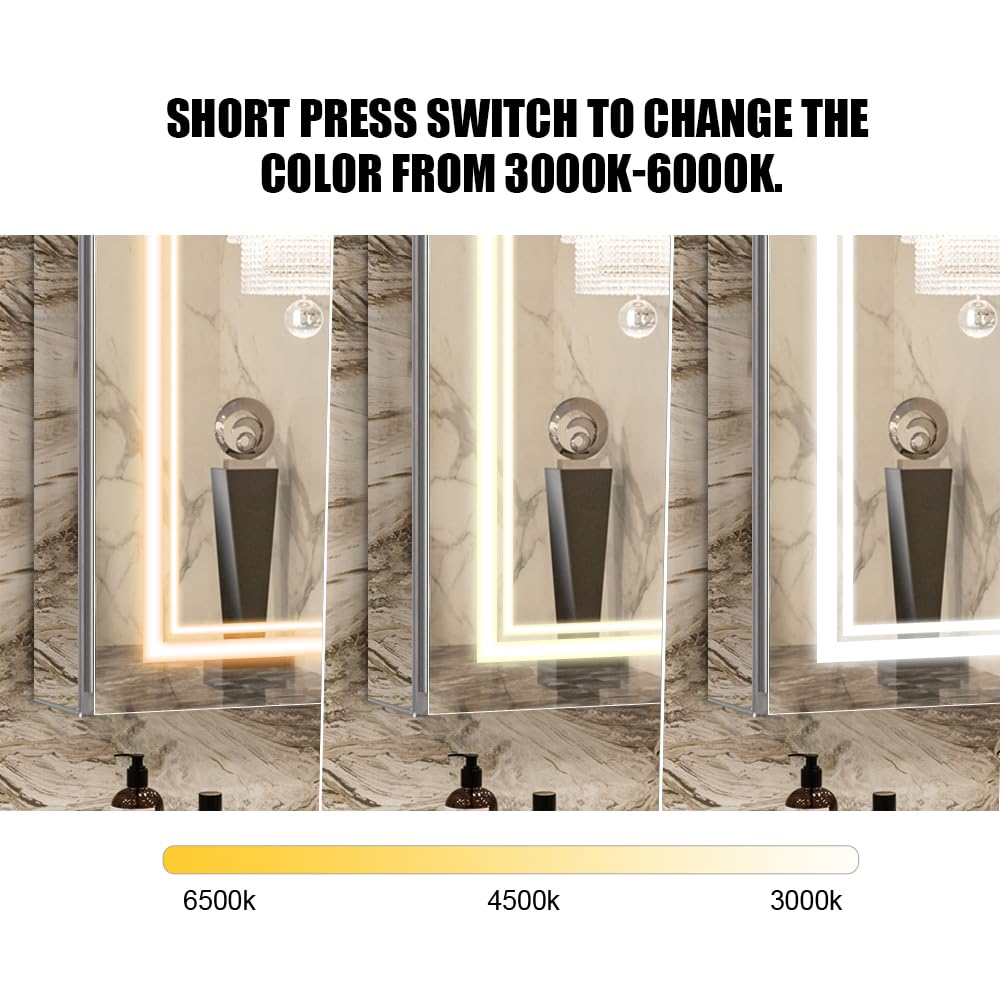 Janboe High-End Led Mirror Cabinet,Lighted Mirror Cabinet,3 Colors&Dimmable,Demister,Lighted Glass Shelf,USB Shaver Socket,Surface Mount or Recess