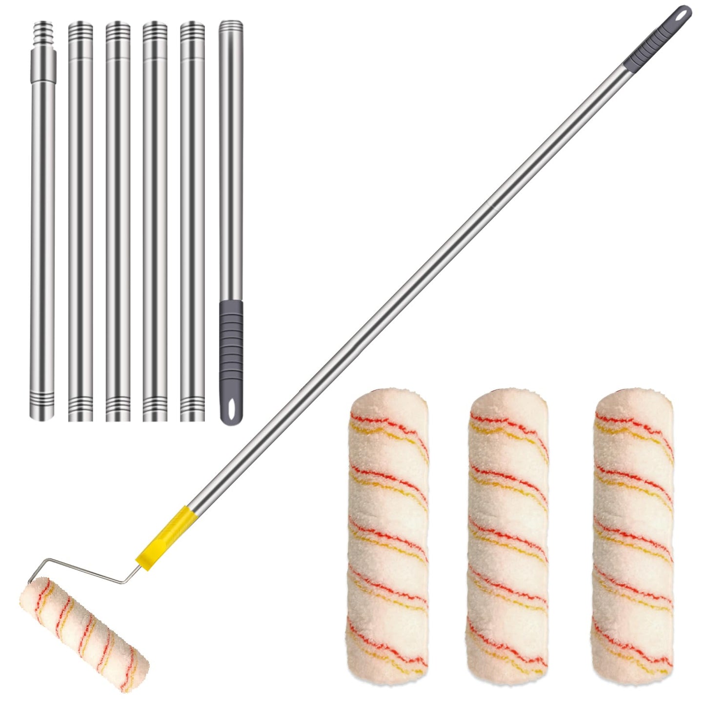 HpCuales Paint Roller Kit,Paint Roller Brush Set with 8FT Stainless Steel Pole and 3pcs 9Inch Roller Covers,Multi-Function Long Paint Roller Household