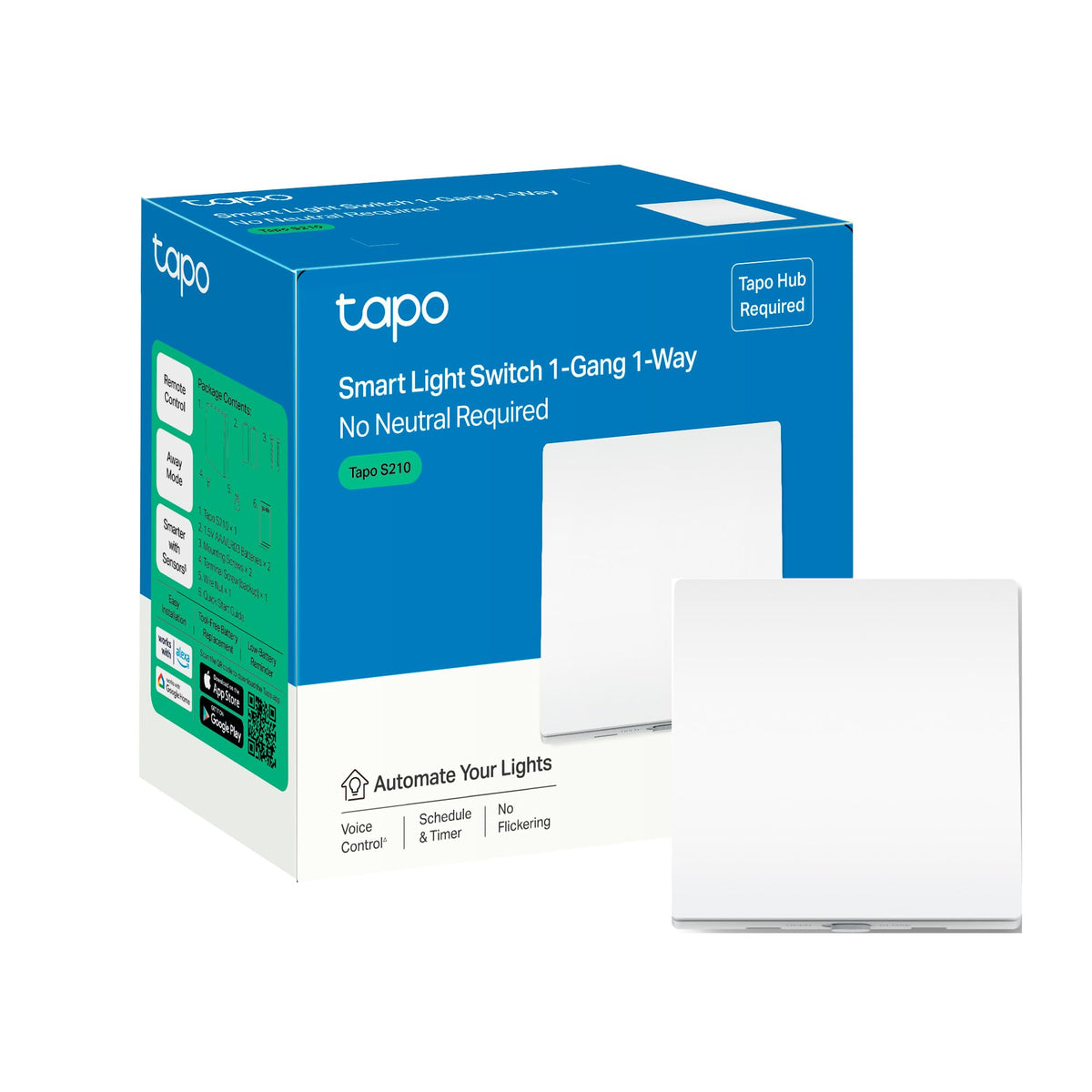 Tapo S210 Smart Light Switch 1 Gang 1 Way, Remote Control Smart Switch, Voice Control, Away Mode, No Neutral Needed, Battery Included, Alexa Light