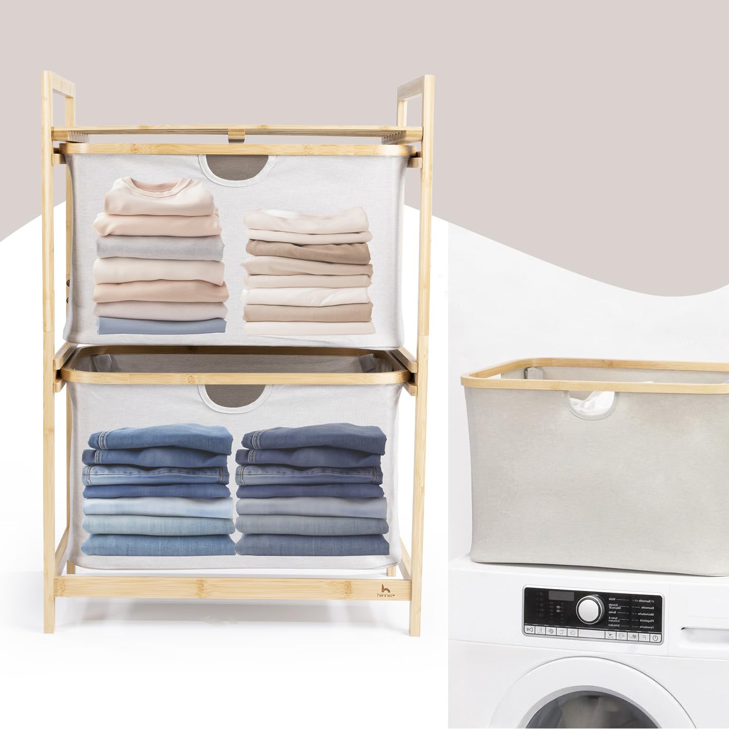 HENNEZ Bathroom Shelf, 2 Compartments, Bamboo Shelf with Shelf and 2 Baskets, Bathroom Shelf with Drawer Boxes, Standing Shelf