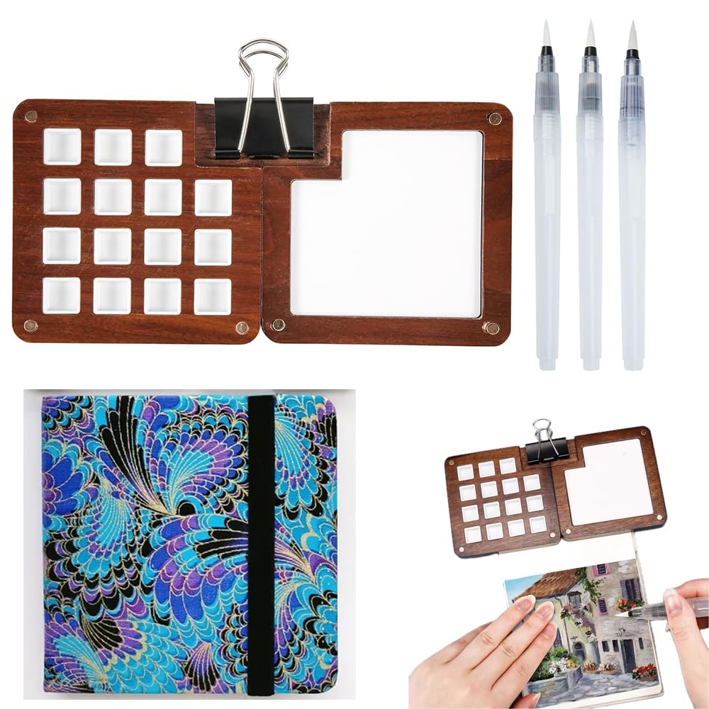 Travel Sketchbook Palette 15 Grids Mini Wood Magnetic Paint Palette Paint Saver with 12 x 12 cm Watercolor Sketchbook Journal 300GSM 24 Sheets Cold