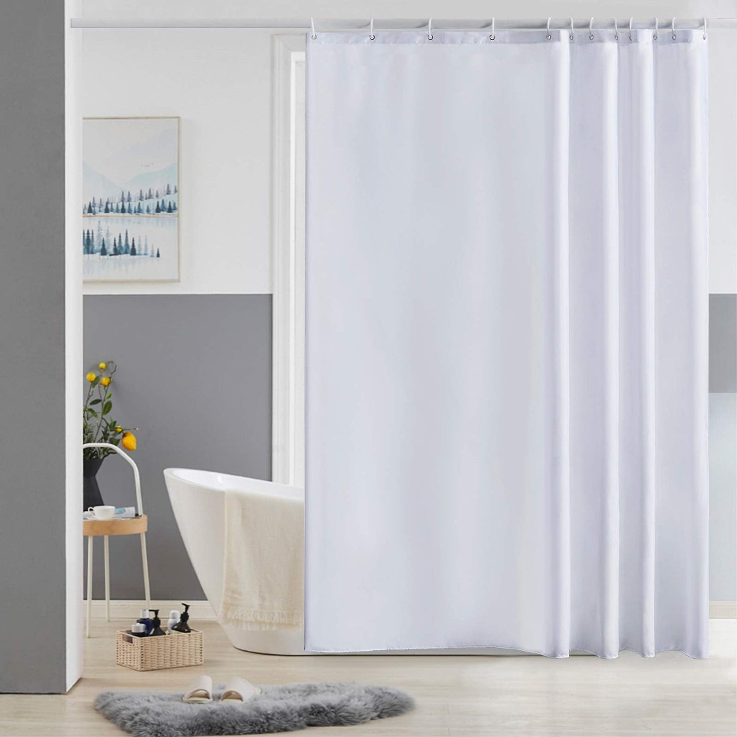 Furlinic Shower Curtain Mould Proof Resistantand Waterproof Washable Polyester Fabric White Bath Curtains with Weight Tape 12 Hooks for Wetroom 72x72