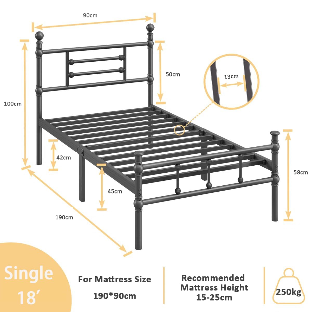 APEXTELLA HOME 3ft Single Metal Bed Frame with Headboard Footboard Black Heavy Duty Steel Bed Strong Metal Slats Max Weight 250kg