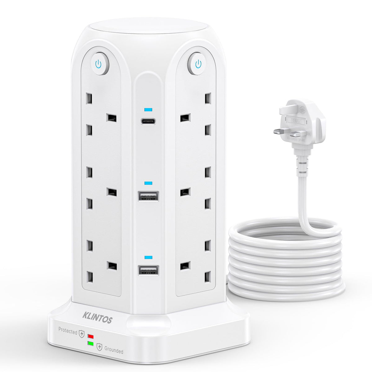 Tower Extension Lead with USB Slots?2 USB C & 4 USB A?, 1400J Surge Protected Extension Lead with Individual Switches, Extension Lead with 2m Cable,