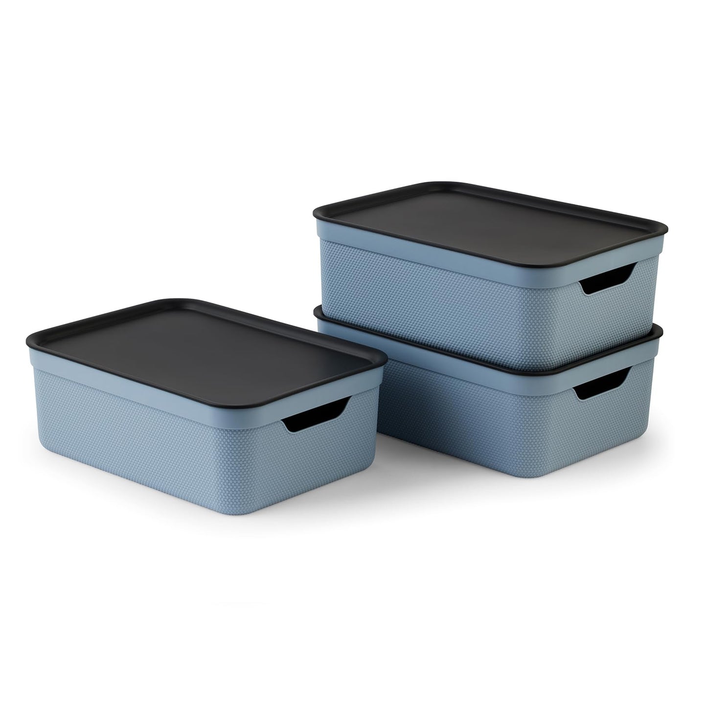 Rotho Jive Dekobox Set of 3 storage box 10l with lid, Plastic (PP recycled), 10l (37.5 x 27.8 x 13.5 cm), Blue
