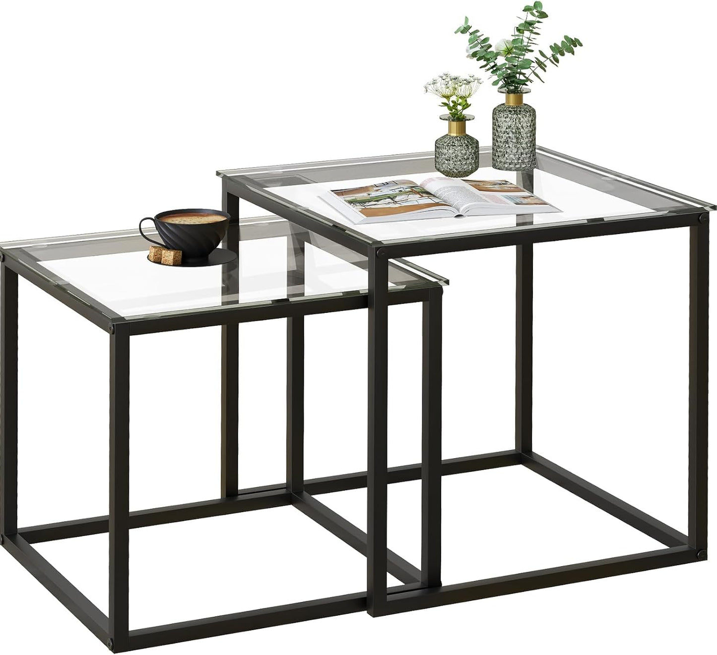 Huhote Nesting Tables, Set of 2 End Table, Coffee Tables, Glass Side Table