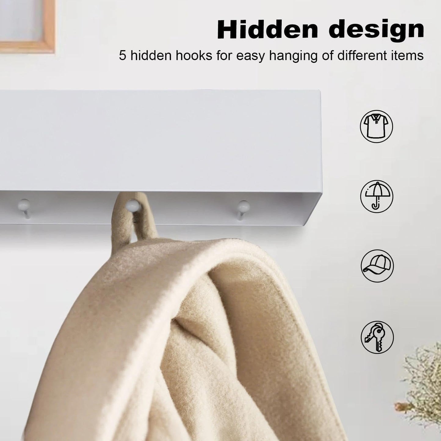 PHMING Coat Rack Wall Mounted 43.5cm, Coat Hooks with Shelf