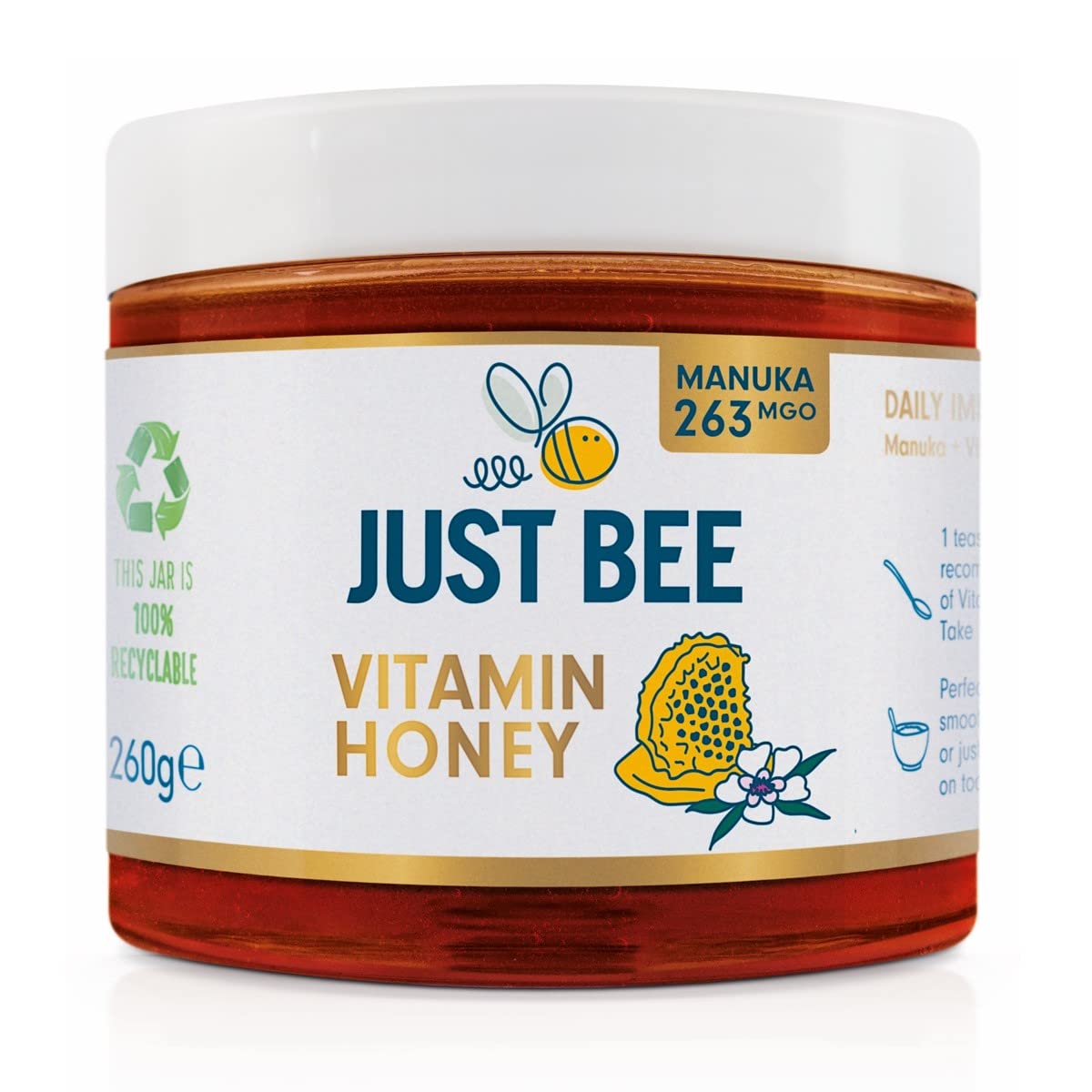 Just Bee Manuka Immunity Honey (263 MGO), Certified pure New Zealand honey with Vitamin C, B6, B12, Echinacea (260g jar)