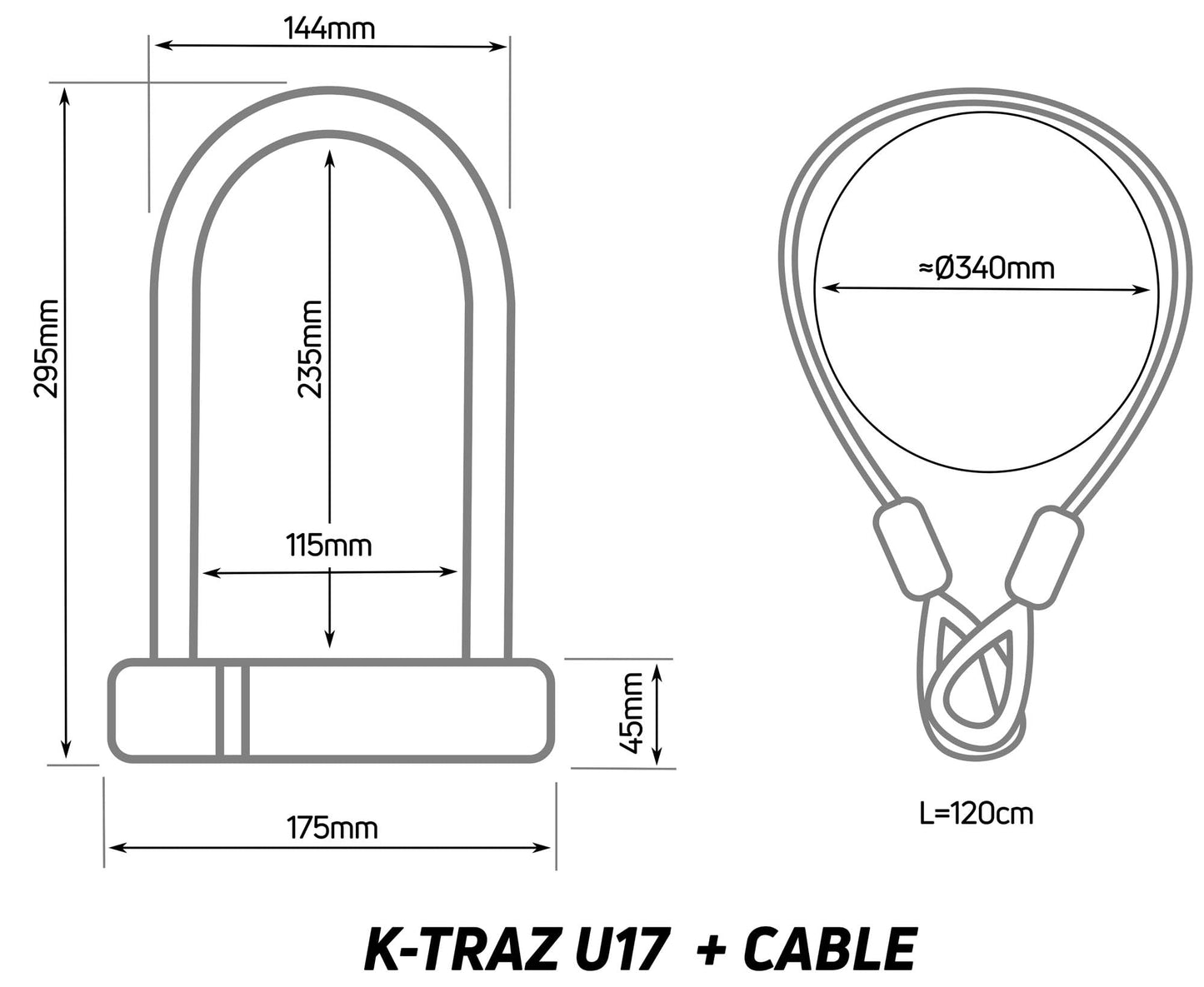 Zefal 4947B K-Traz U17 & Cable Extension U-Lock, Black, 115 x 230mm/120cm