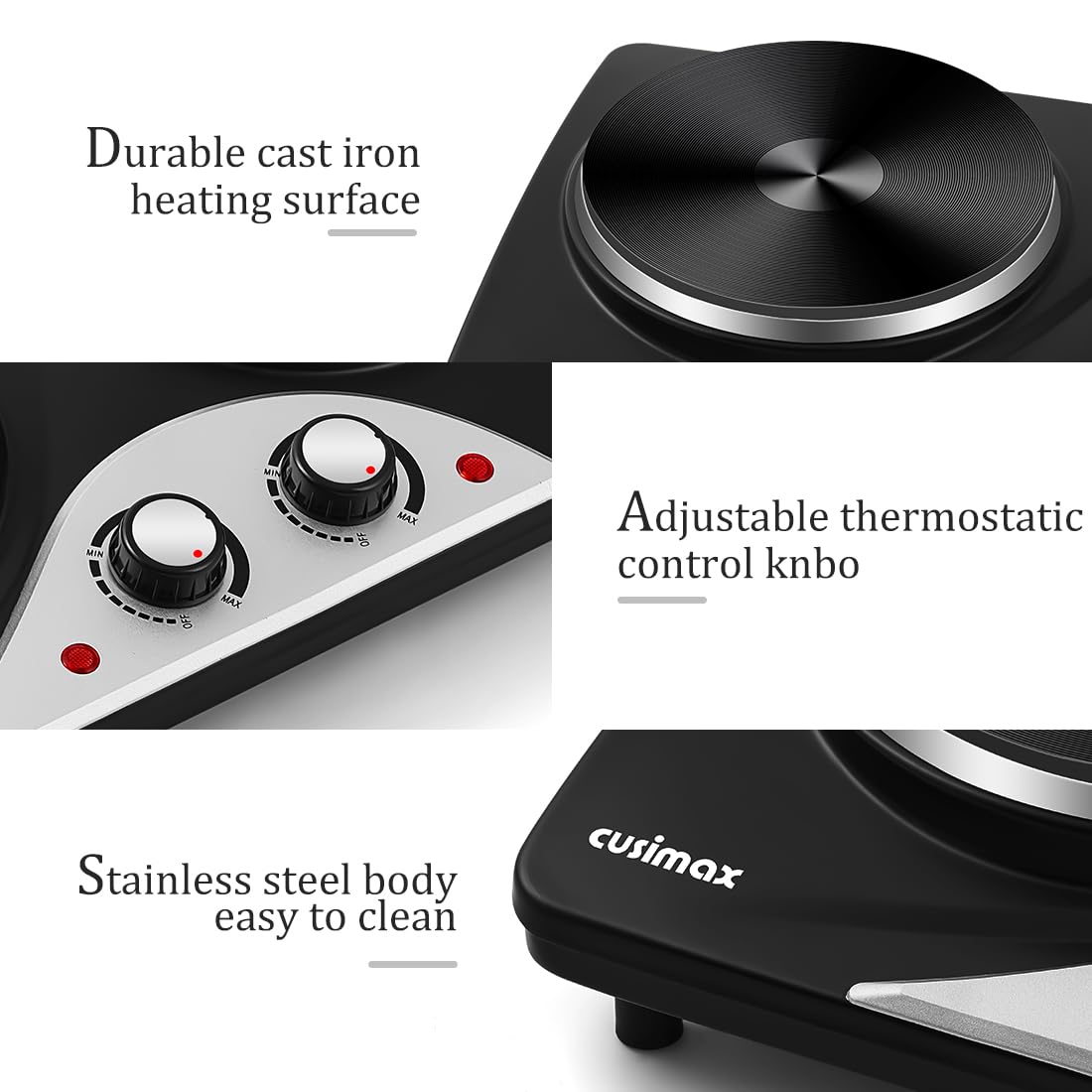 CUSIMAX Electric Hobs, 2500W Electric Hot Plates for Cooking Portable Hob, Cooktop Table Top Hob with 2 Cast Iron Double Hot Plate Electric Burner