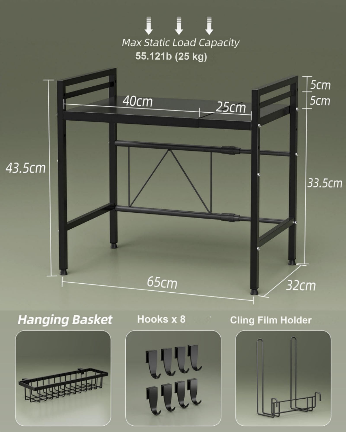 NETEL Expandable Microwave Shelf, 2-tier Microwave Oven Rack with Spice Basket, Kitchen Roll Holder & 4 Hooks, Countertop Organiser