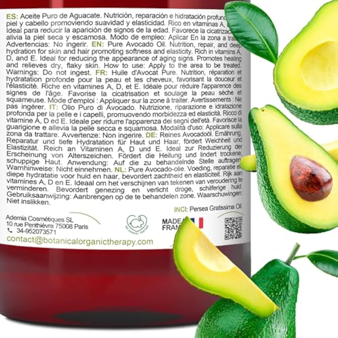 Organic Cold Pressed Avocado Oil Anti-Wrinkle & Anti-Stretch Mark Properties | Hair and Eyelash Fortifier | Makeup Remover | Body Massage Oil | Nail Care, 1000ml