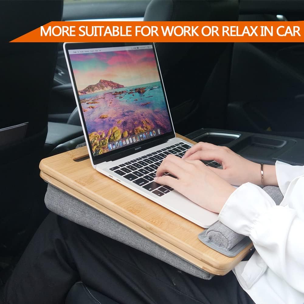 Lap desk,Bamboo Laptop Tray - Ergonomic Design with Cushion. Adjustable Tilt Angle and Height, with Tablet Phone Holder,for Comfortable Work Anywhere
