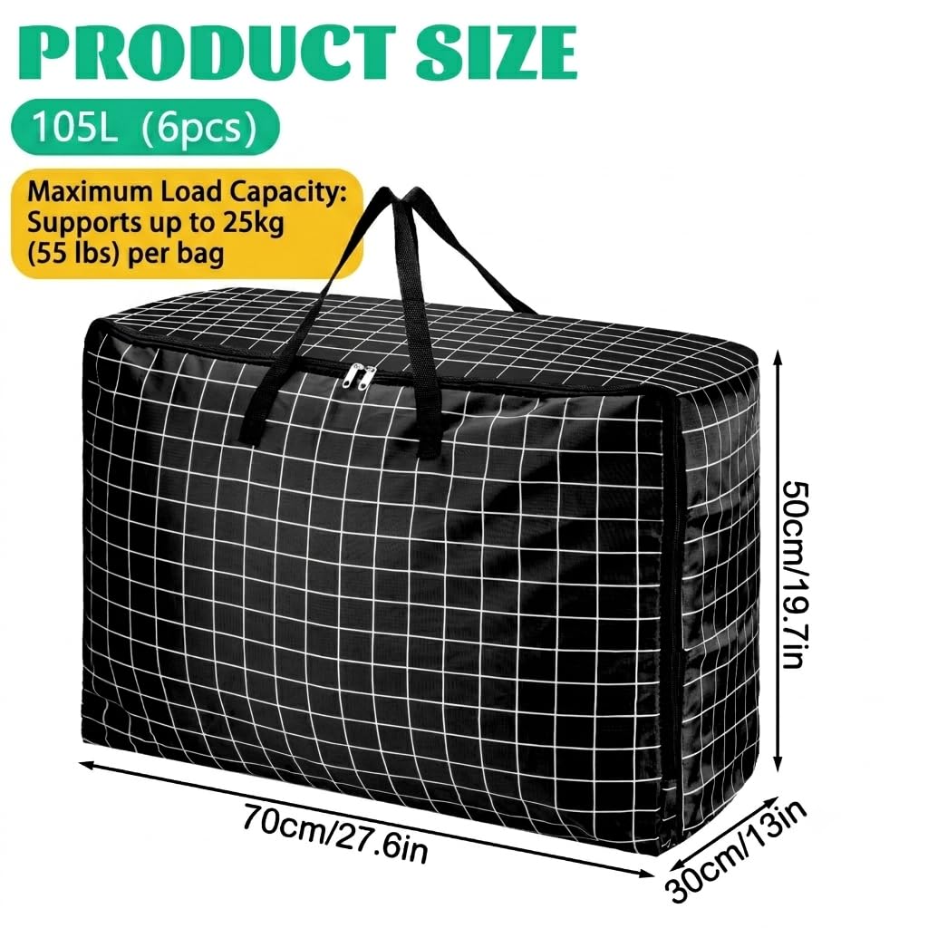 6 Pcs 105L Large Moving Bags Oxford Fabric Storage Bags with Zips, Black