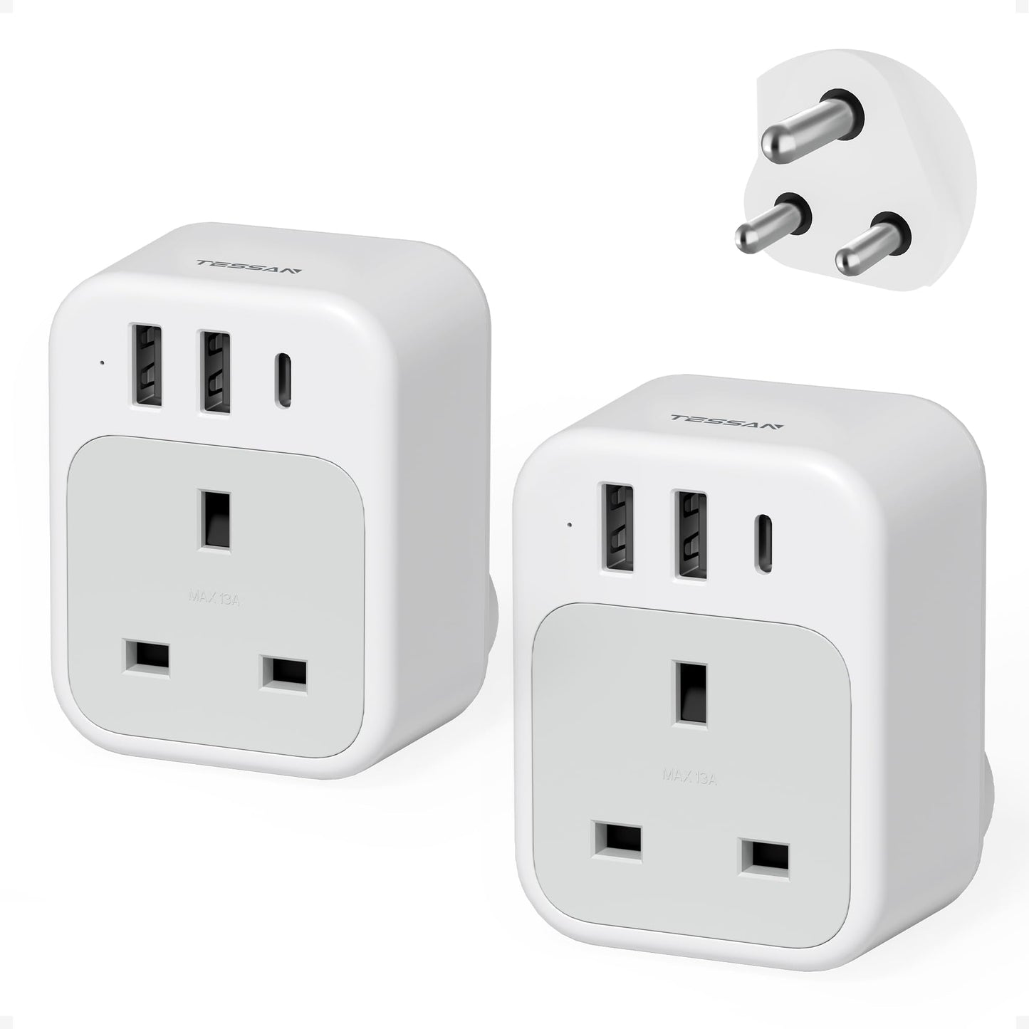 South Africa Plug Adapter 2 Pack, TESSAN UK to South Africa Plug Adapter with USB C and 2 USB A, 4 in 1 Type M Travel Adaptor for African, Namibia,