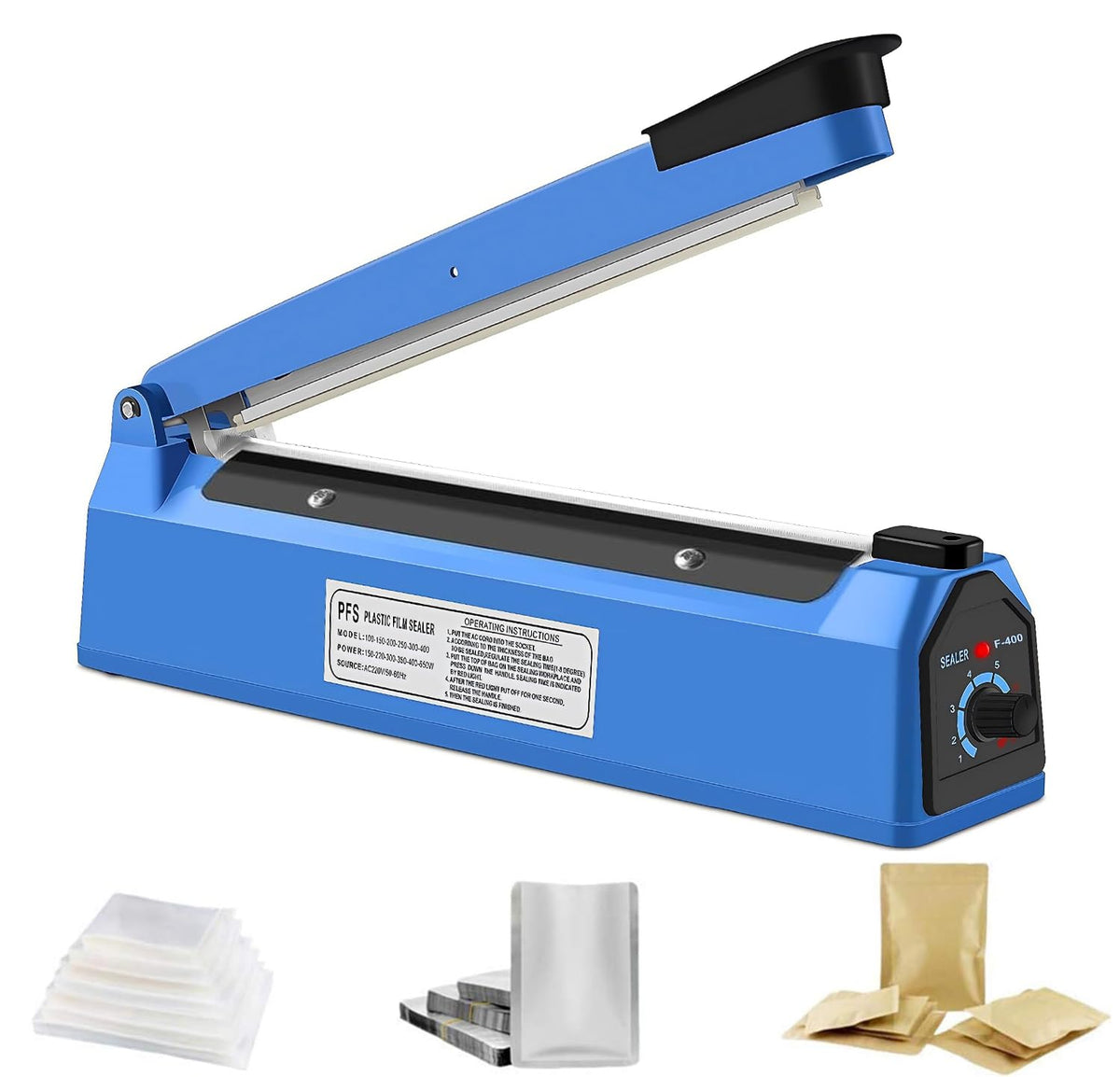 LUKVCIY Impulse Sealer Machine 200mm, Portable Manual Heat Sealer for Plastic PE PP PVC Bags - 8 Temperature Settings, Built-in Fuse Safety, Light