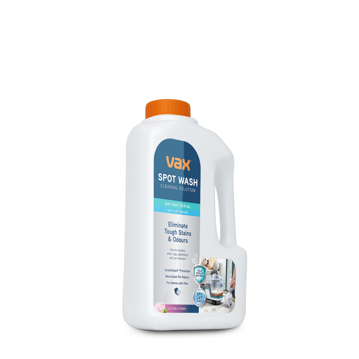 Vax SpotWash Antibacterial 1.5L Spot Cleaning Solution, Upholstery Carpet Stain Remover Shampoo, Cotton & Peony Scent, Removes 99% of Bacteria, Breaks