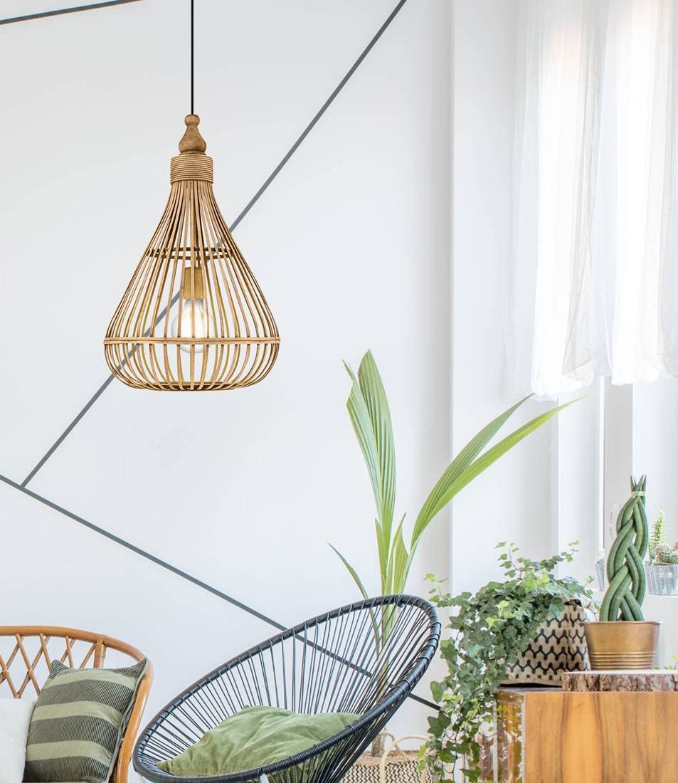Eglo Amsfield Pendant Light, Vintage, Nature, Boho, Nordic Design Hanging lamp, Dining Room, Living Room Lighting, Steel and Wooden Natural Colour,