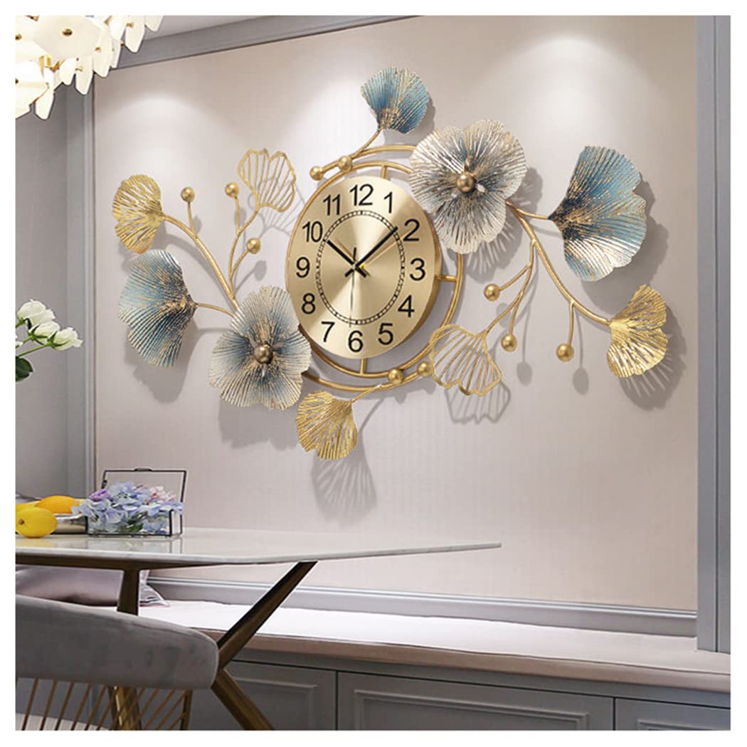 Large Silent Modern Decorative Wall Clock,Elegant Wrought Iron Wall Clocks Ginkgo Leaf Mute Wall Quartz Clock for Living Room Bedroom Hotel Porch (94