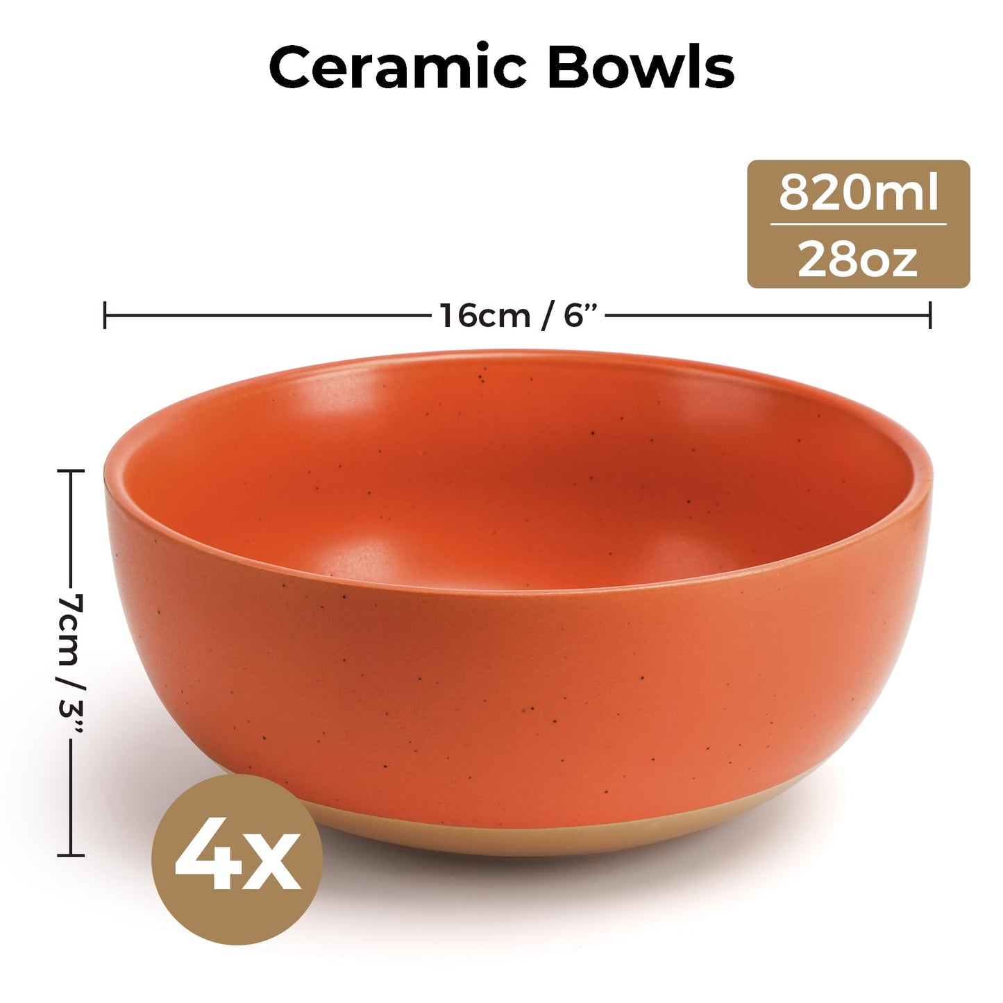 MIAMIO  Set of 4, 750 ml Ceramic Soup Bowls/Cereal Bowl Set for Salad, Oatmeal, Fruit, Rice  Dishwasher & Microwave Safe  Aura Collection