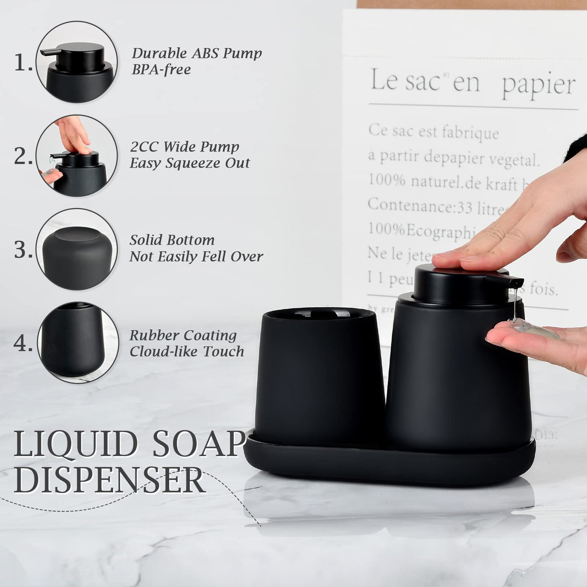 BosilunLife Black Bathroom Accessory Set - 3 pcs Ceramic Bathroom Soap Dispenser Set Farmhouse Bathroom Counter Decor Set Accessories