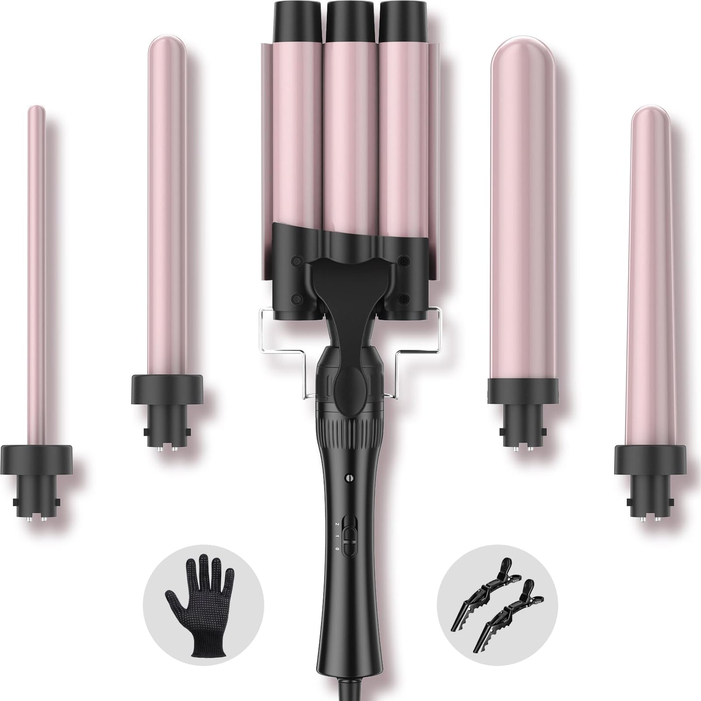 Hair Waver Curling Wand Iron Tong, Chopstick, 5 in 1 Hair Curler for Long Hair 10mm-32mm with 2 Crocodile Clips 1 Anti-Scald Silicone Gloves, PTC