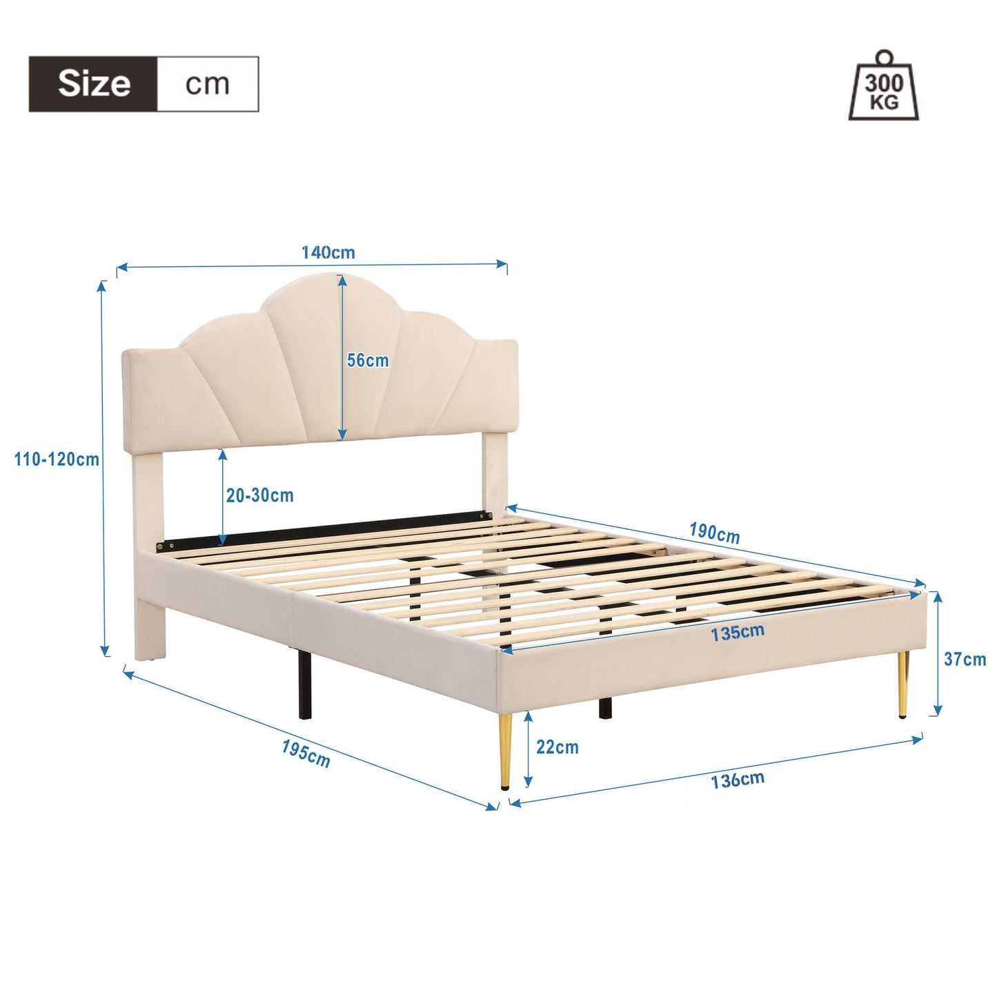 ＭodernLuxe Upholstered Double Bed, 4FT6 Shell-like Bed Frame with Golden Iron Legs and Height-adjustable Headboard Filled with High-density Foam