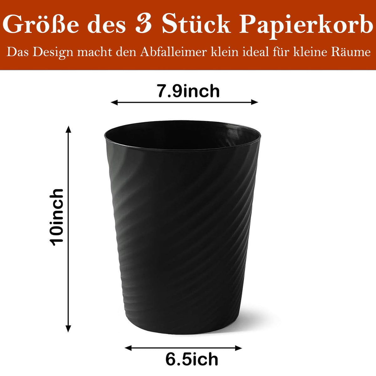 Duscdesp 3 Pack Plastic Waste Paper Bin,8L Stripe Trash Can,Minimalist Uncovered Small Bin,Round Waste Paper Basket for Kitchen Bathroom Bedroom