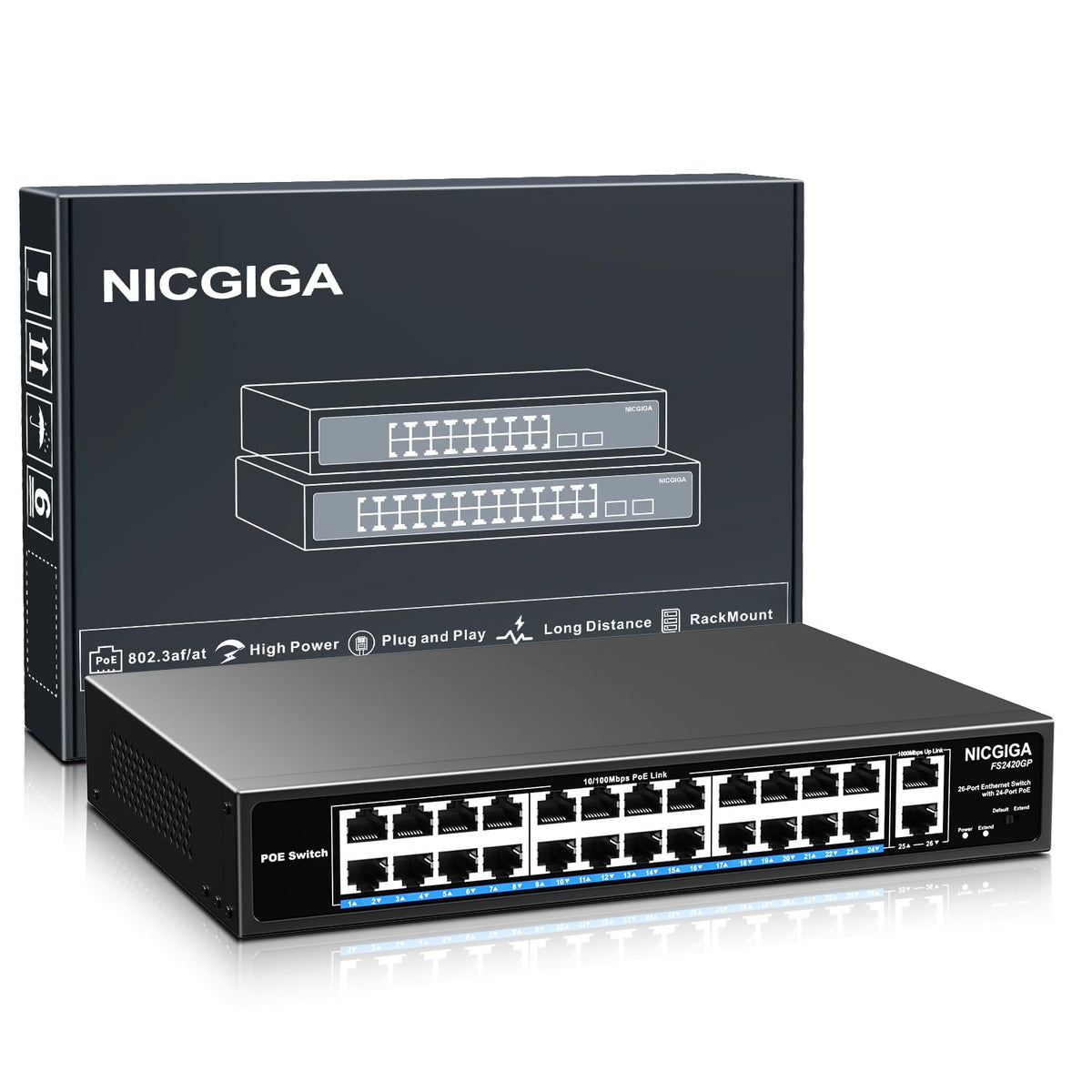 24 Port PoE Switch Unmanaged, 24 Port PoE+@400W, 2 Gigabit Uplink Ports, NICGIGA 26 Port Network Power Over Ethernet Switch, VLAN Mode, 250m Extend,