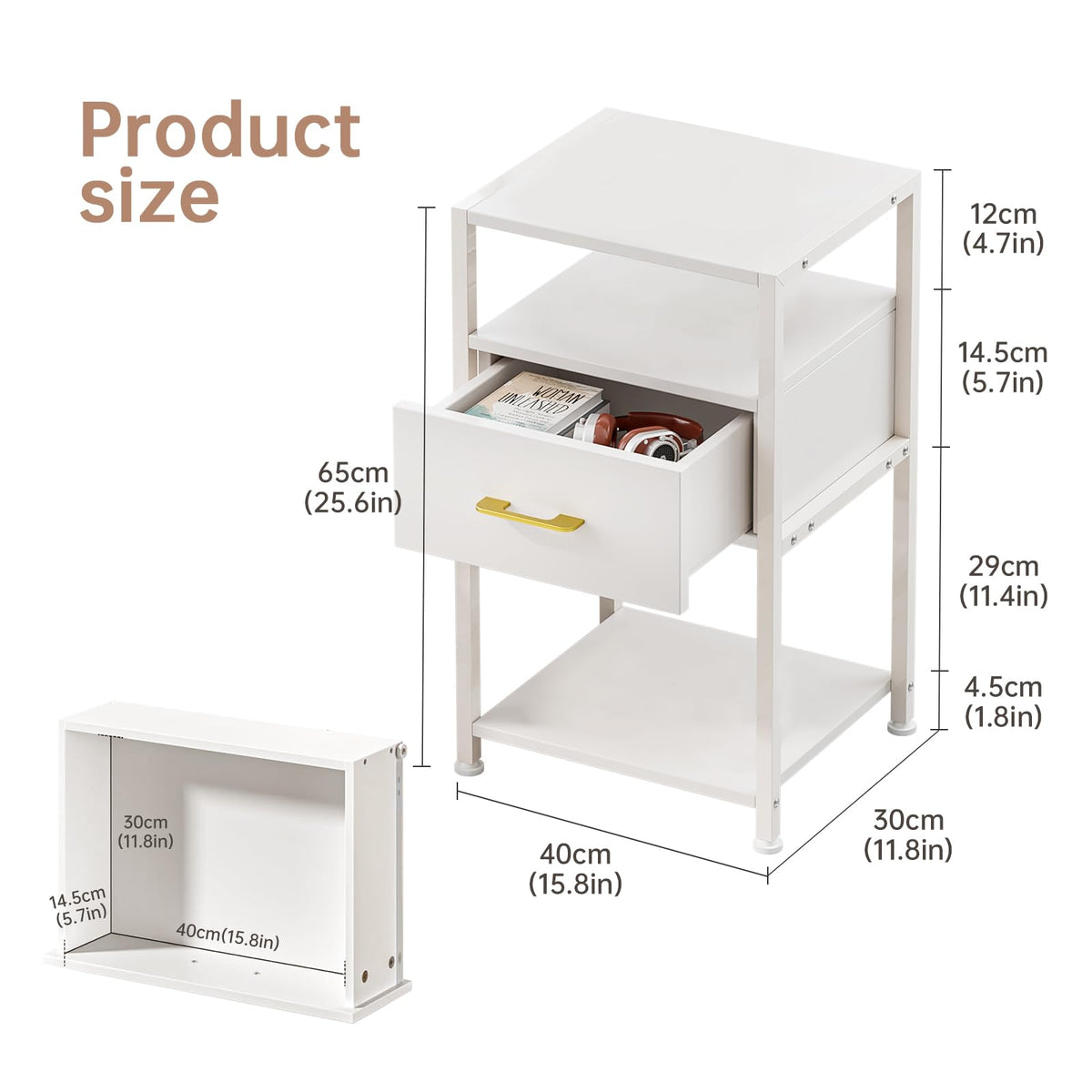 3 Tier Slim Wooden End Table with Drawer & Open Shelves