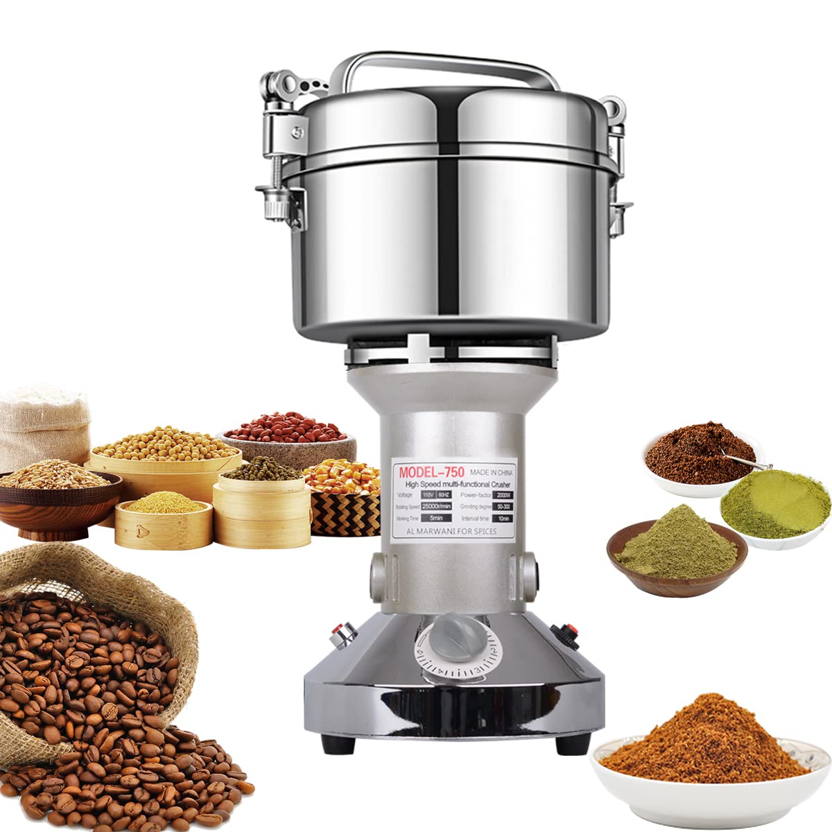 LEJIEYIN Grain Mill Electric 750g Electric Mill Stainless Steel Graingrinder & Commercial Motor Grinding Stone Mill Grain with 2000W 25000 RPM for