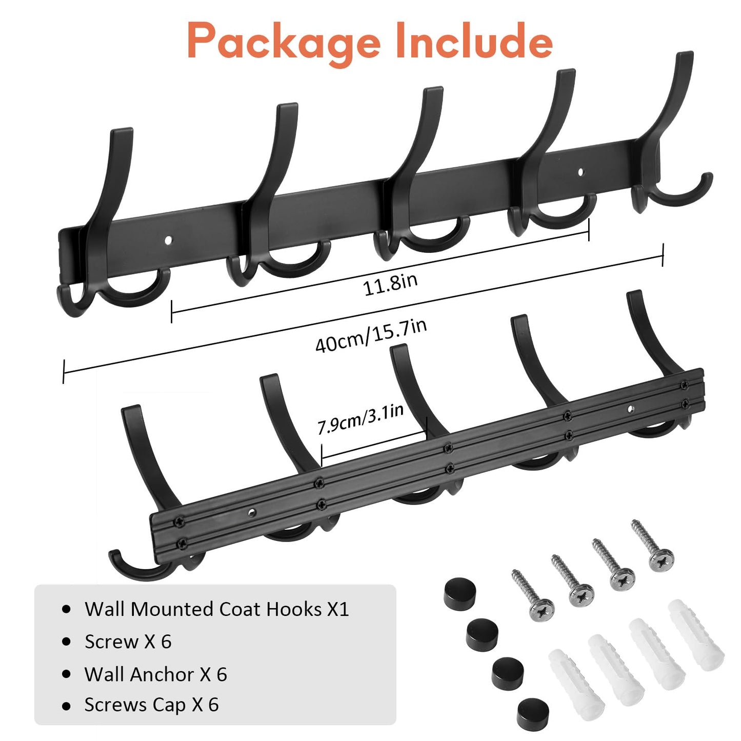 Optish Coat Hooks Wall Mounted, 2 Pack Coat Rack Wall Mount with 15 Hooks, Black Wall Coat Hooks for Jackets, Hats, Bags, for Entryway, Bedroom
