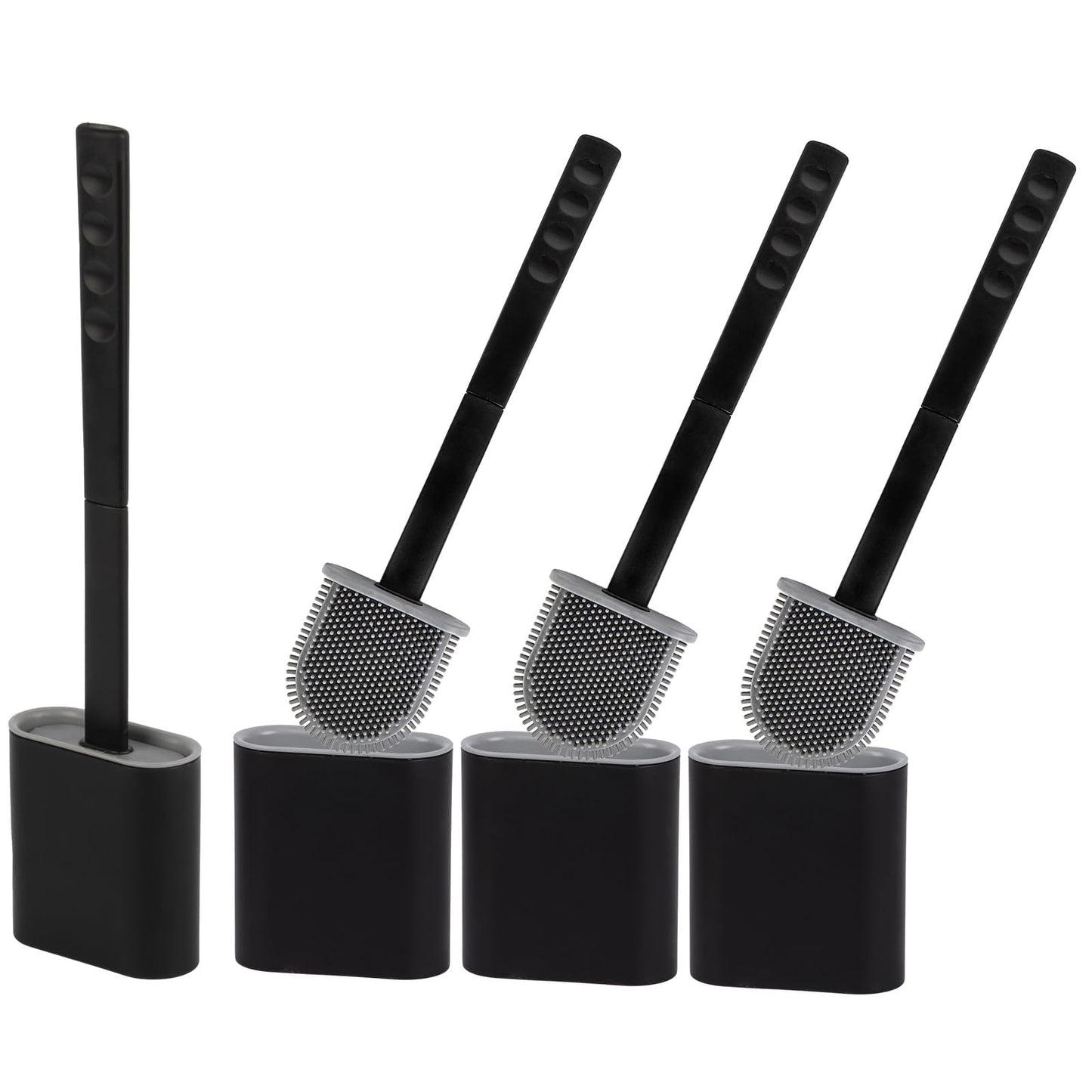 Silicone Toilet Brush With Holder ? Pack of 4 Long Non-Slip Handle, Flexible Bristles for Easy Cleaning ? Modern Drip-Free Base, Durable Bathroom