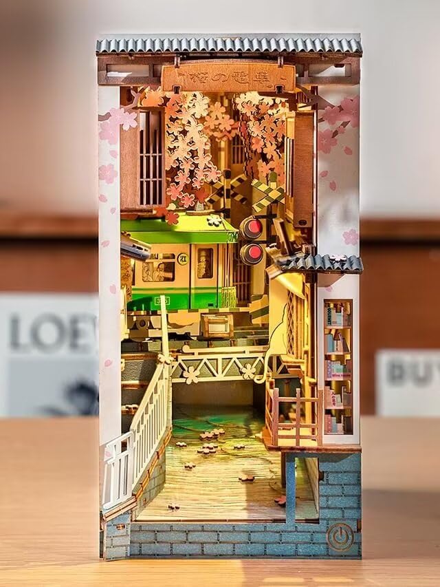 Rolife Sakura Densya Book Nook Kits for Adults DIY Miniature Kit with Light for Desk Library Bookshelf Decoration 3D Wooden Puzzle Booknook Model Kits