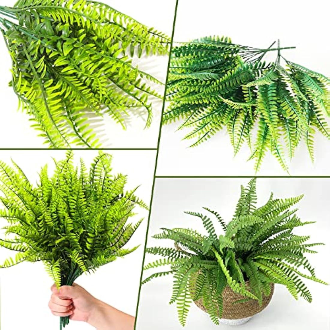 ToKinCen 12Pcs Artificial Fern Outdoor Faux Fern Plants Fake Boston Fern Plants Plastic Greenery Bushes Shrubs Bundles Patio Basket Pot Hanging Garden Planter Indoor Outside Decor